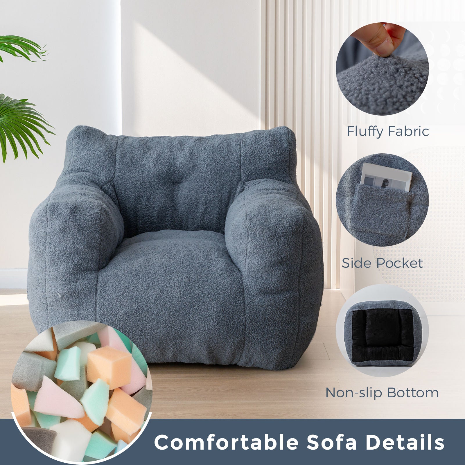 MAXYOYO Sherpa Bean Bag Chair - Boucle Tufted Bean Bag Sofa for Living Room, Bedroom & Game Room - Soft Lounge Chair for Adults & Kids in Dusty Blue - Perfect for Relaxing, Reading & Movie Nights