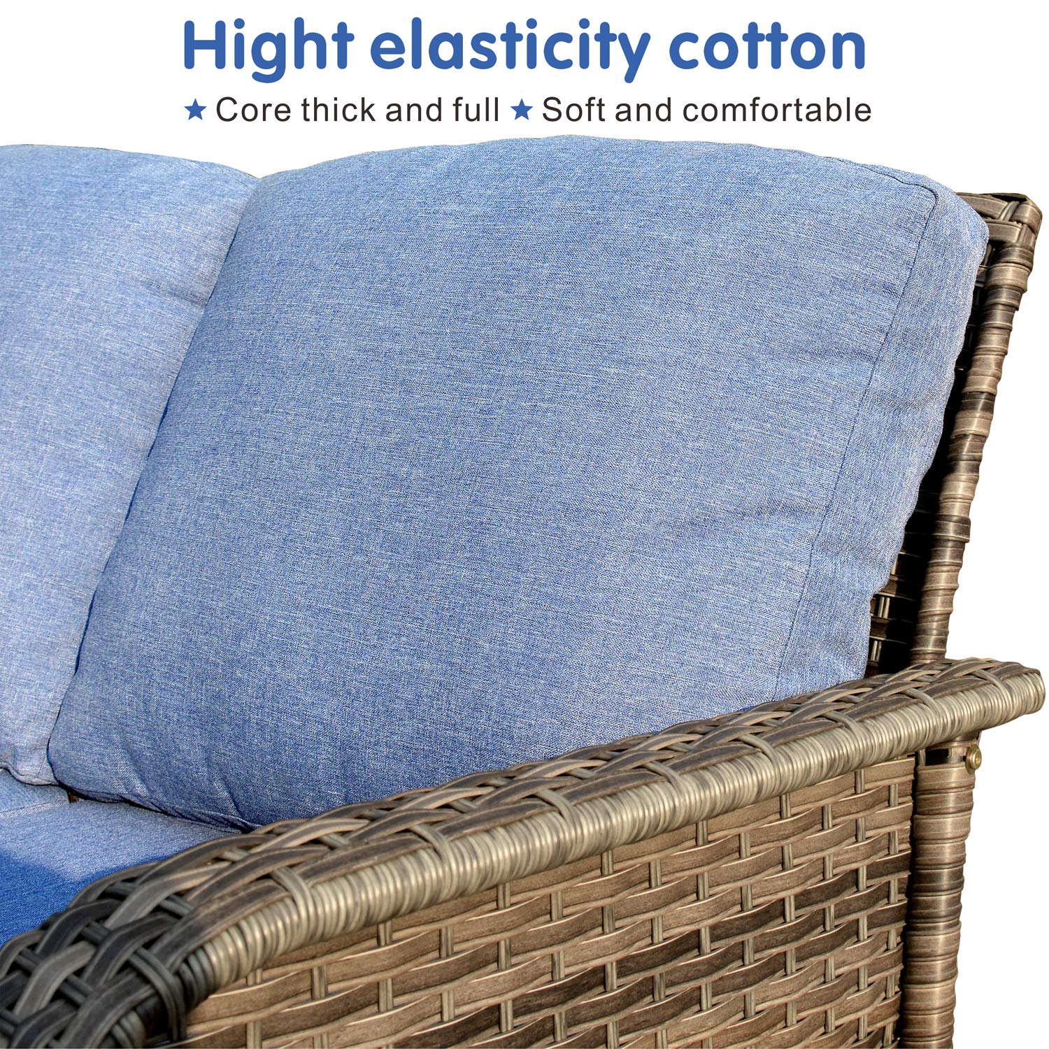 4-Piece High Back Patio Furniture Set - All-Weather PE Wicker Outdoor Conversation Set with Loveseat, 2 Chairs & Coffee Table (Gray Rattan with Denim Blue Cushions) - Perfect for Backyard, Garden, Poolside or Deck Relaxation