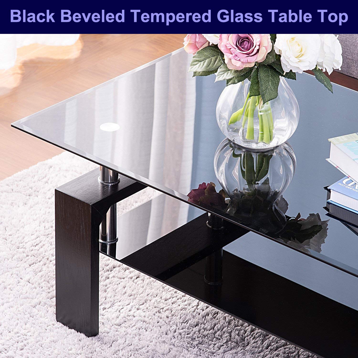 Upgraded Modern Glass Top Cocktail Coffee Table with Storage Shelf - 43 Inch Rectangle Living Room Center Table with Wood Legs - Perfect for Sofa Side, Lounge Decor & Small Space Furniture Arrangement