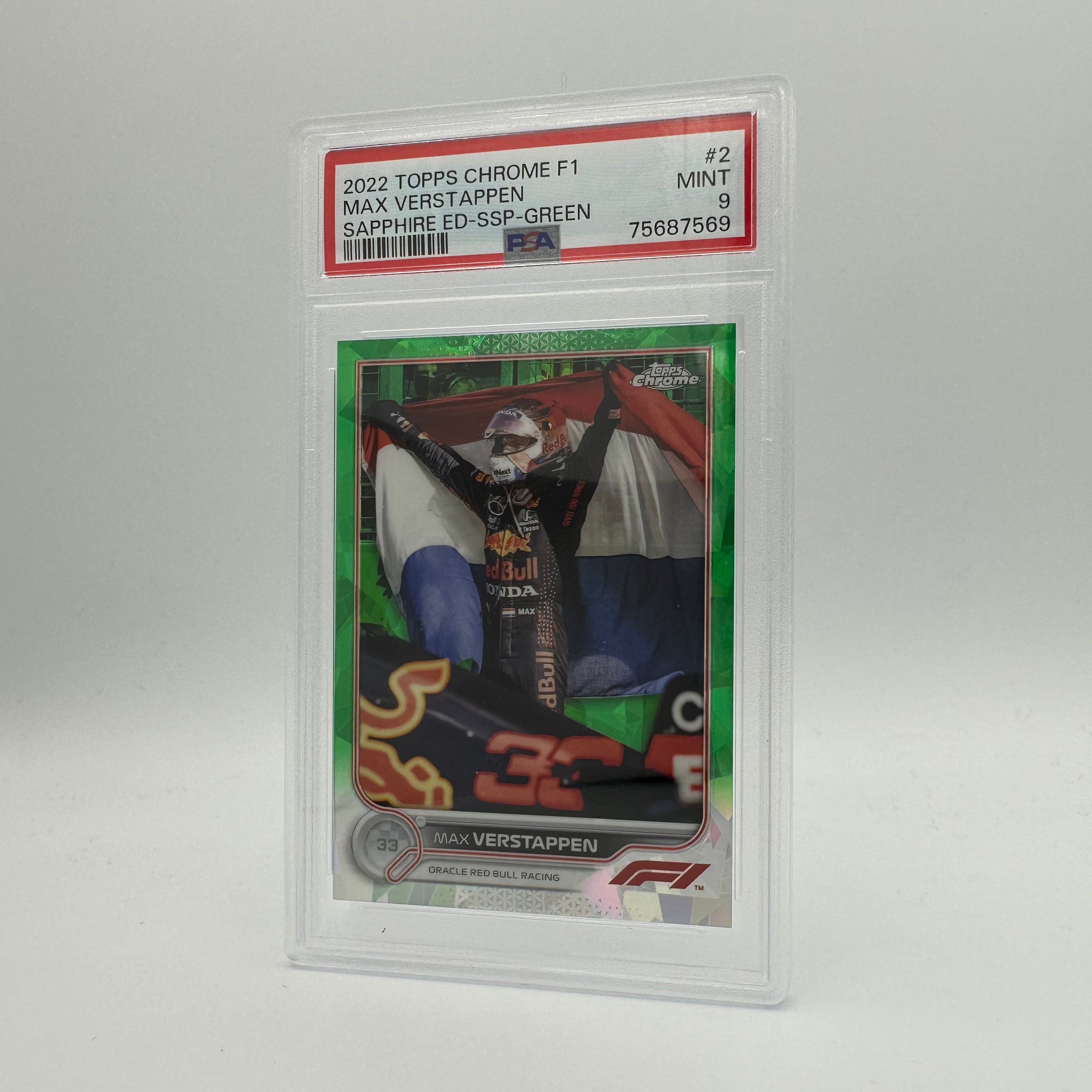 PSA 9 Graded 23/75 Max Verstappen #2 Sapphire Edition SSP Green - Rare Collectible Trading Card for F1 Fans, Perfect for Display & Investment