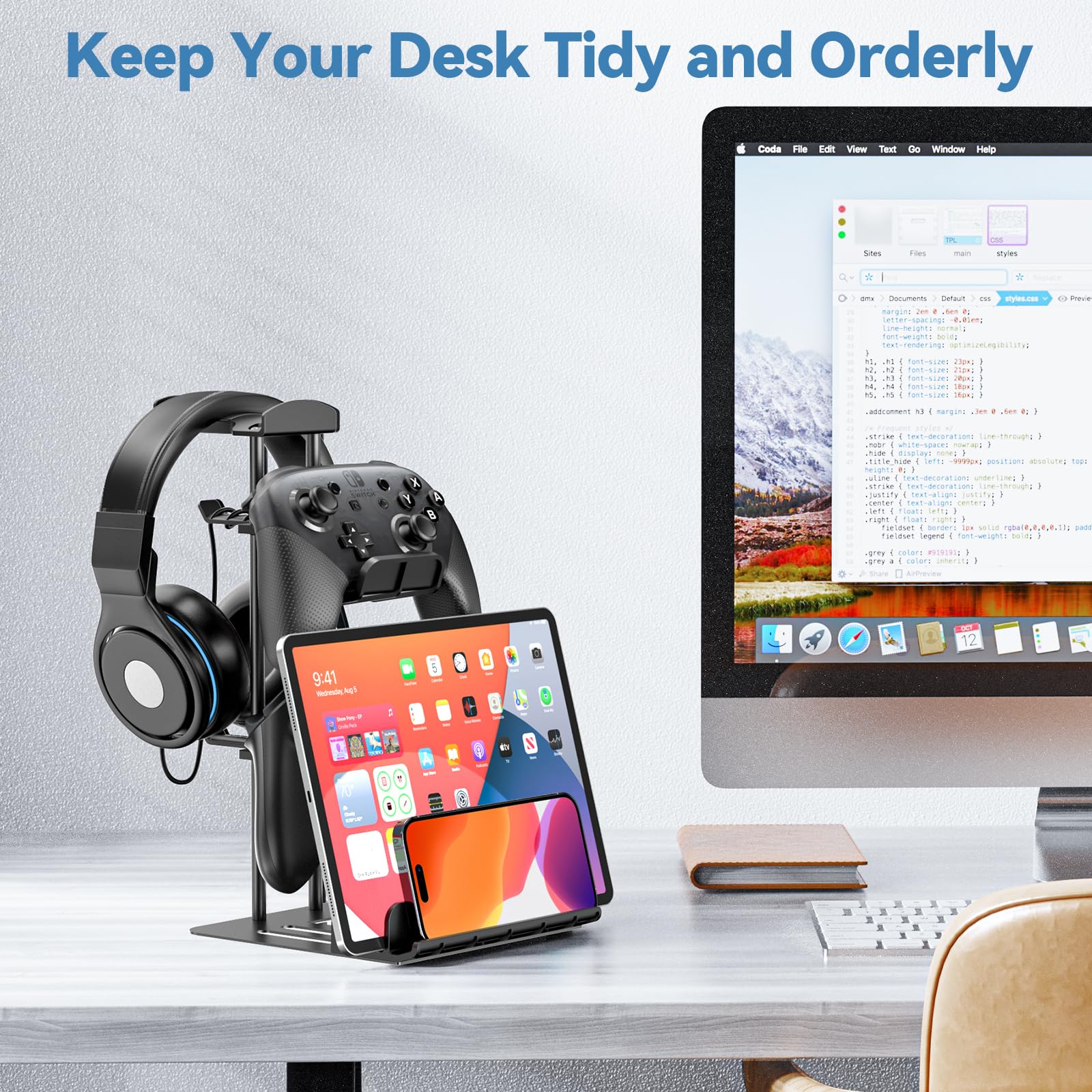Premium Aluminum Headphone Stand & Gaming Controller Holder - Universal Desk Organizer for Headphones, Switch, Mobile Phone - Perfect for Gaming Setup & Office Workspace
