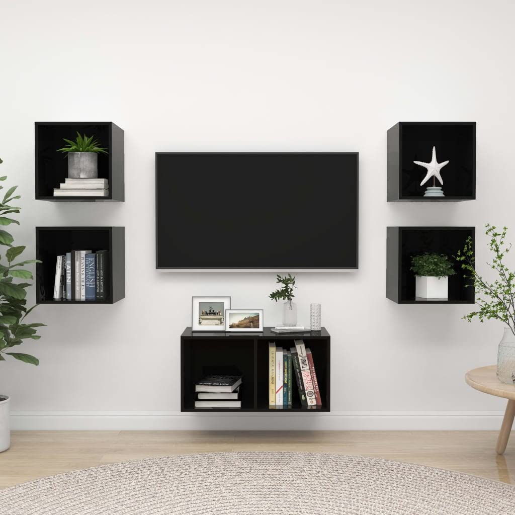 Modern 5-Piece Entertainment Center TV Stand Set - High Gloss Black Chipboard TV Cabinet for Living Room & Bedroom - Perfect for Home Theater Setup & Living Space Organization