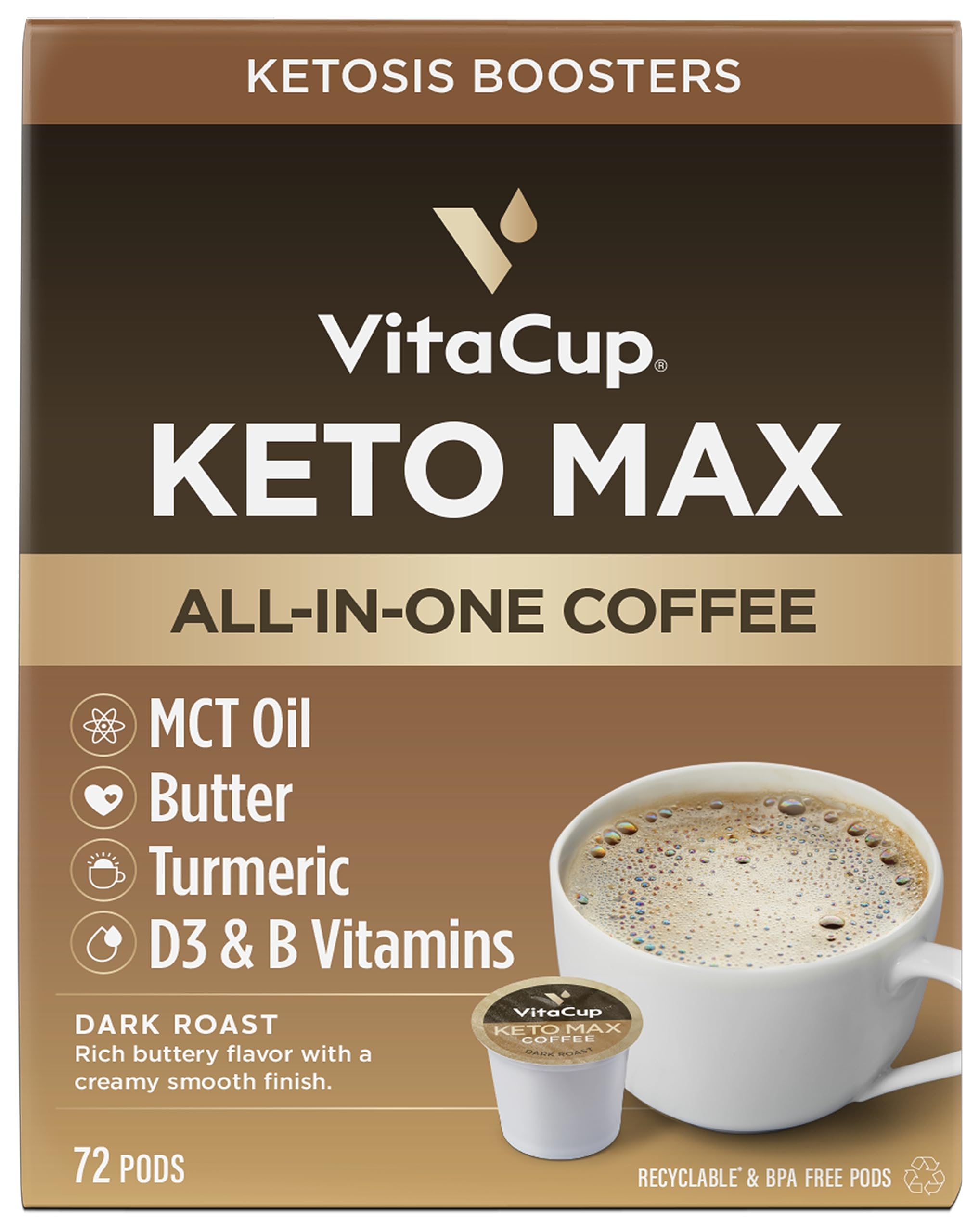 VitaCup Keto Max Dark Roast Coffee Pods with Butter, MCT Oil, Turmeric & Vitamins - 72 Recyclable Single Serve Pods for Keurig K-Cup Brewers | Boost Ketosis & Energy | Perfect for Keto Diet, Morning Routine & Office Use