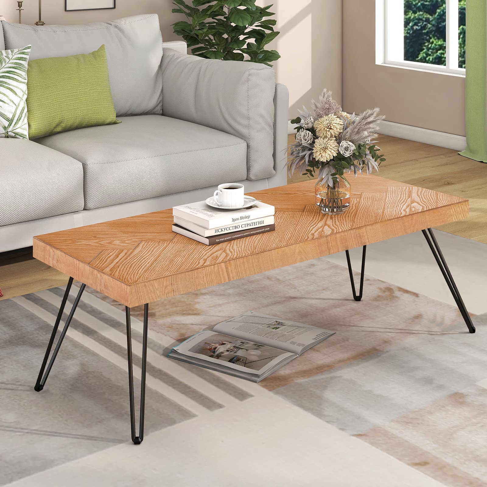 Modern Coffee Table for Living Room - Chevron Pattern, Metal Hairpin Legs, Thick Old Elm Wood Finish - Rustic Rough Wood Grain Surface, Easy Assembly - Perfect for Lounge, Living Room, and Home Decor