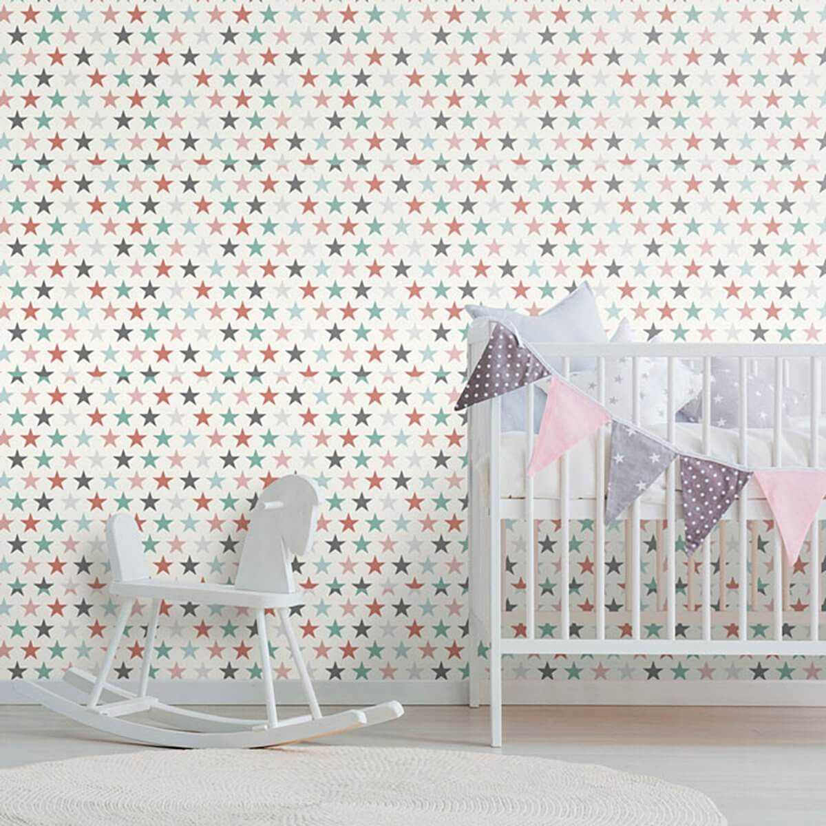 Pink and Green Geometric Baby Peel and Stick Removable Wallpaper 9455 - Self-Adhesive Nursery Wall Decor for Girls & Boys Rooms, Easy to Install & Remove