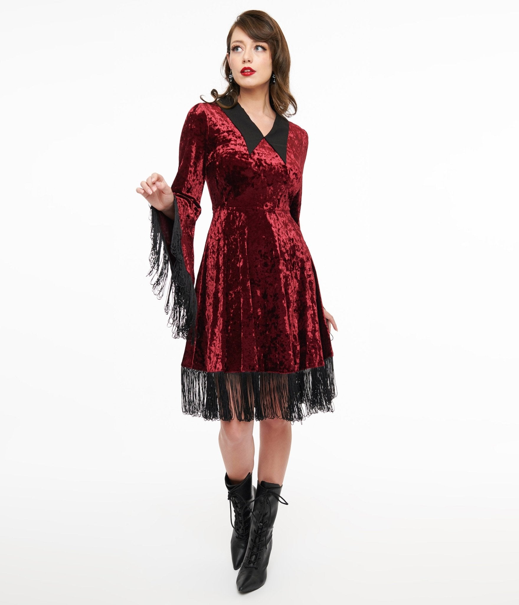 Stylish Red Velvet Fringe Moon Dress with Ghost Print - Perfect for Halloween Parties, Cosplay & Gothic Fashion