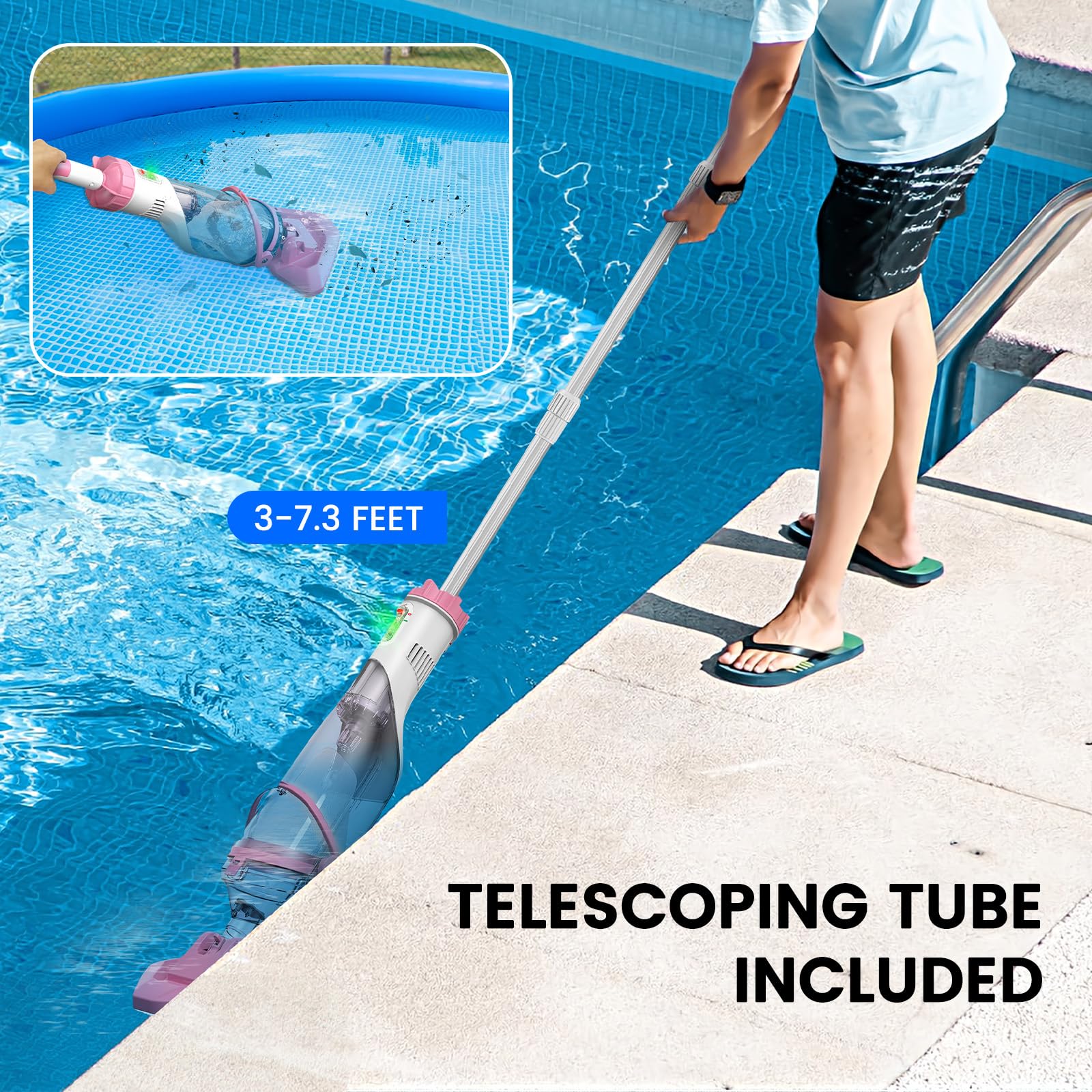 2024 Upgraded Pool Vacuum with Telescopic Pole - Powerful 18.5 GPM Suction, 60 Min Runtime - Ideal for Above Ground Pools, Leaves & Debris - Perfect for Weekly Pool Maintenance & Seasonal Cleaning