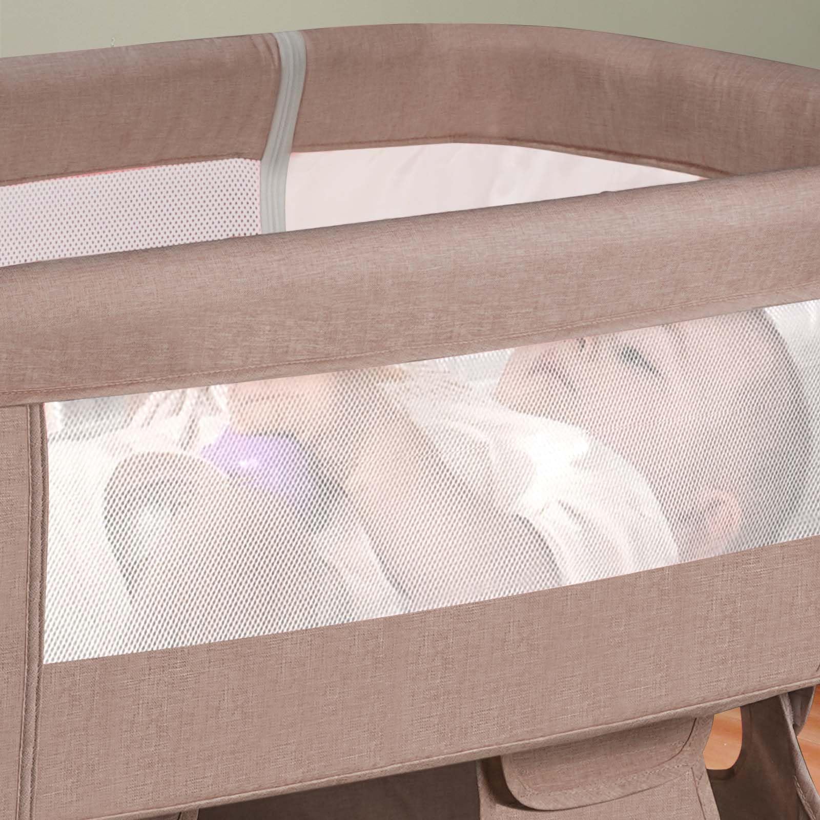 3-in-1 Adjustable Portable Baby Crib & Bassinet for Newborns - Convertible Bedside Sleeper with Breathable Mesh - Perfect for Nursery, Co-Sleeping & Travel (Khaki)