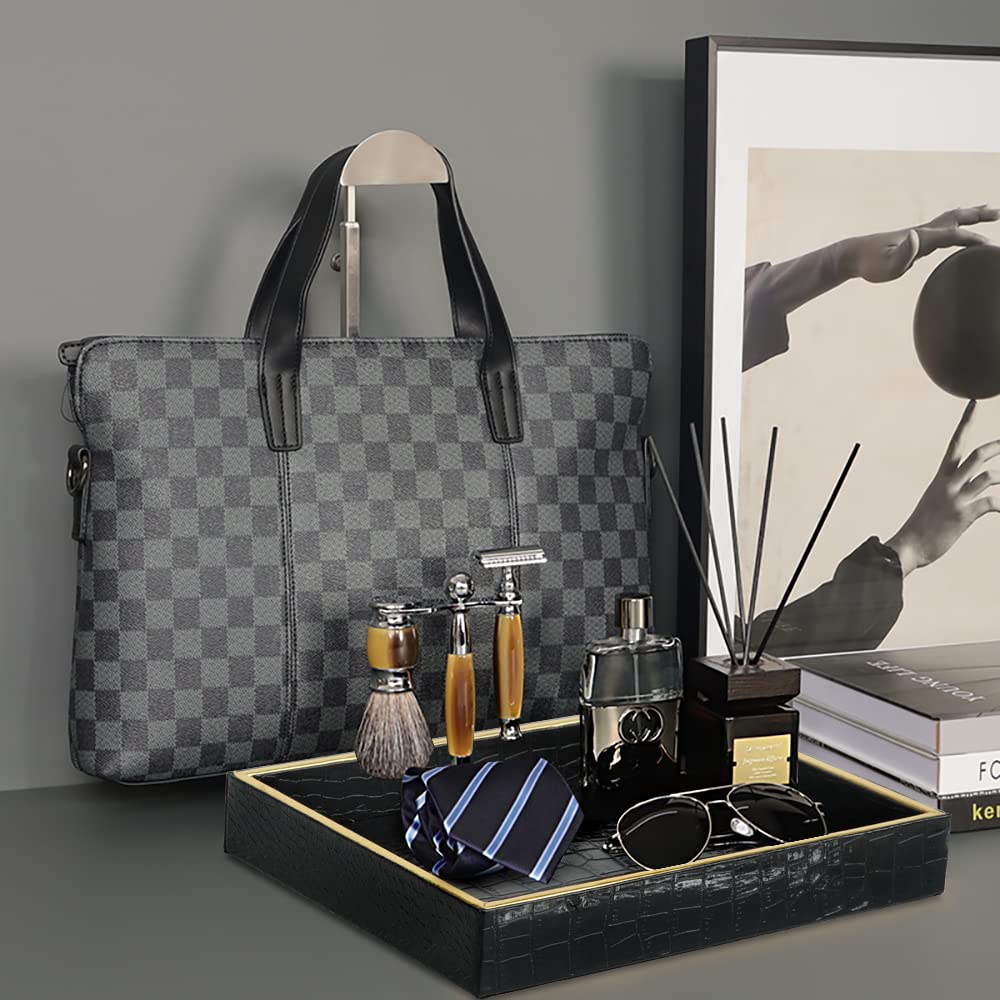 Premium Faux Leather Vanity Tray - Elegant Desktop & Dresser Organizer for Jewelry, Perfume, Keys | Decorative Catchall Tray for Bathroom, Nightstand, Office & Home Decor (Black Crocodile Pattern)