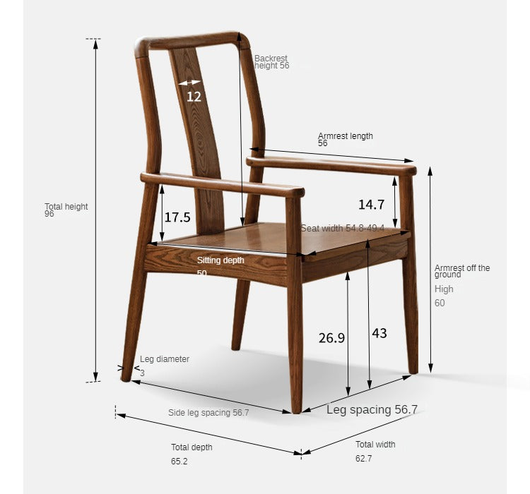 Premium Black Walnut & Ash Solid Wood Dining Armchair with Backrest - Elegant & Durable for Home, Restaurant, and Office Use