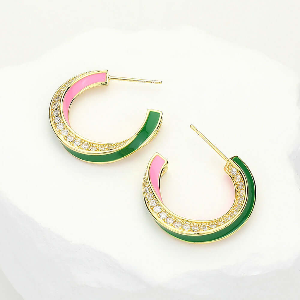14K Gold Plated Pink and Green Enamel Hoop Earrings with Cubic Zirconia Stones | Elegant Dangle Earrings for Women | Perfect for Parties, Weddings & Everyday Wear