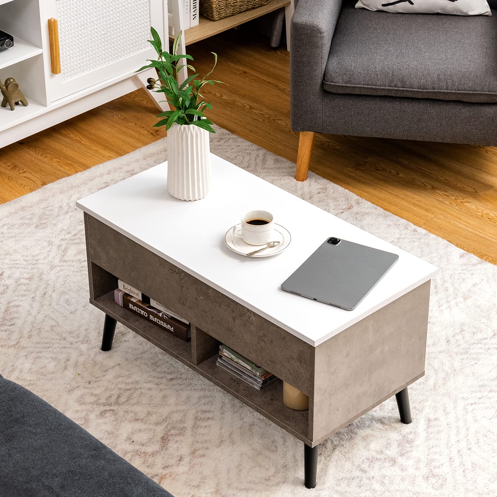 **Tangkula Lift Top Coffee Table with Storage - Wooden Lift Tabletop Dining Table, 2 Open Shelves & Hydraulic Lift Mechanism, 4 Pine Legs - Perfect for Living Room, Small Spaces & Multi-Functional Use**