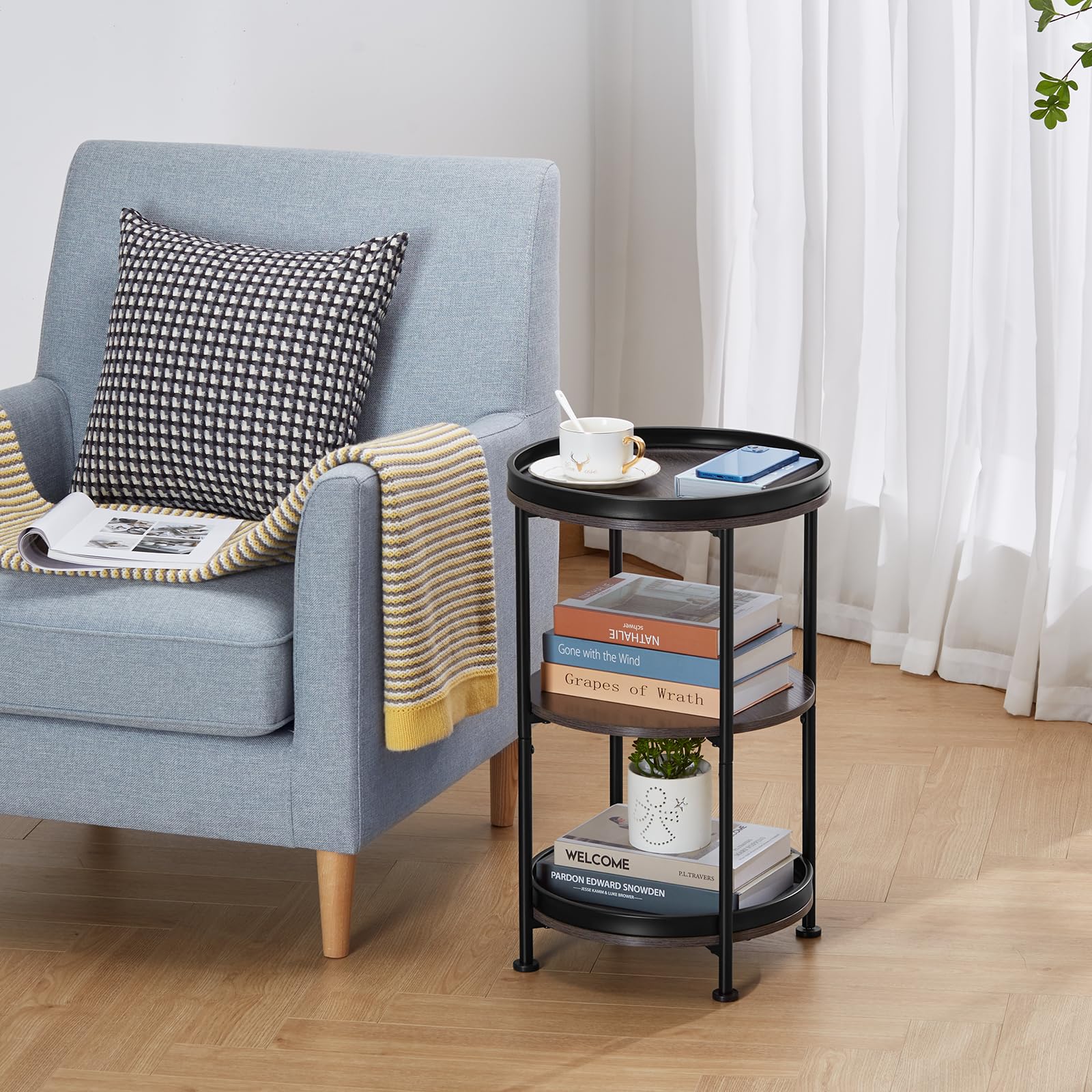 Dulcii Round Side Table with 3 Shelves - Industrial Steel Frame End Table for Living Room, Bedroom, Nightstand - Small Space Sofa Table & Outdoor Coffee Table in Grey - Perfect for Apartments, Dorms, and Patio Decor