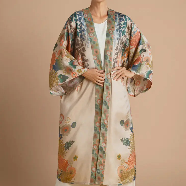 Elegant Coconut Trailing Wisteria Kimono Gown - Floral Print Boho Beach Cover Up, Loungewear & Summer Dress for Women | Perfect for Beach Vacations, Pool Parties & Boho Chic Outfits