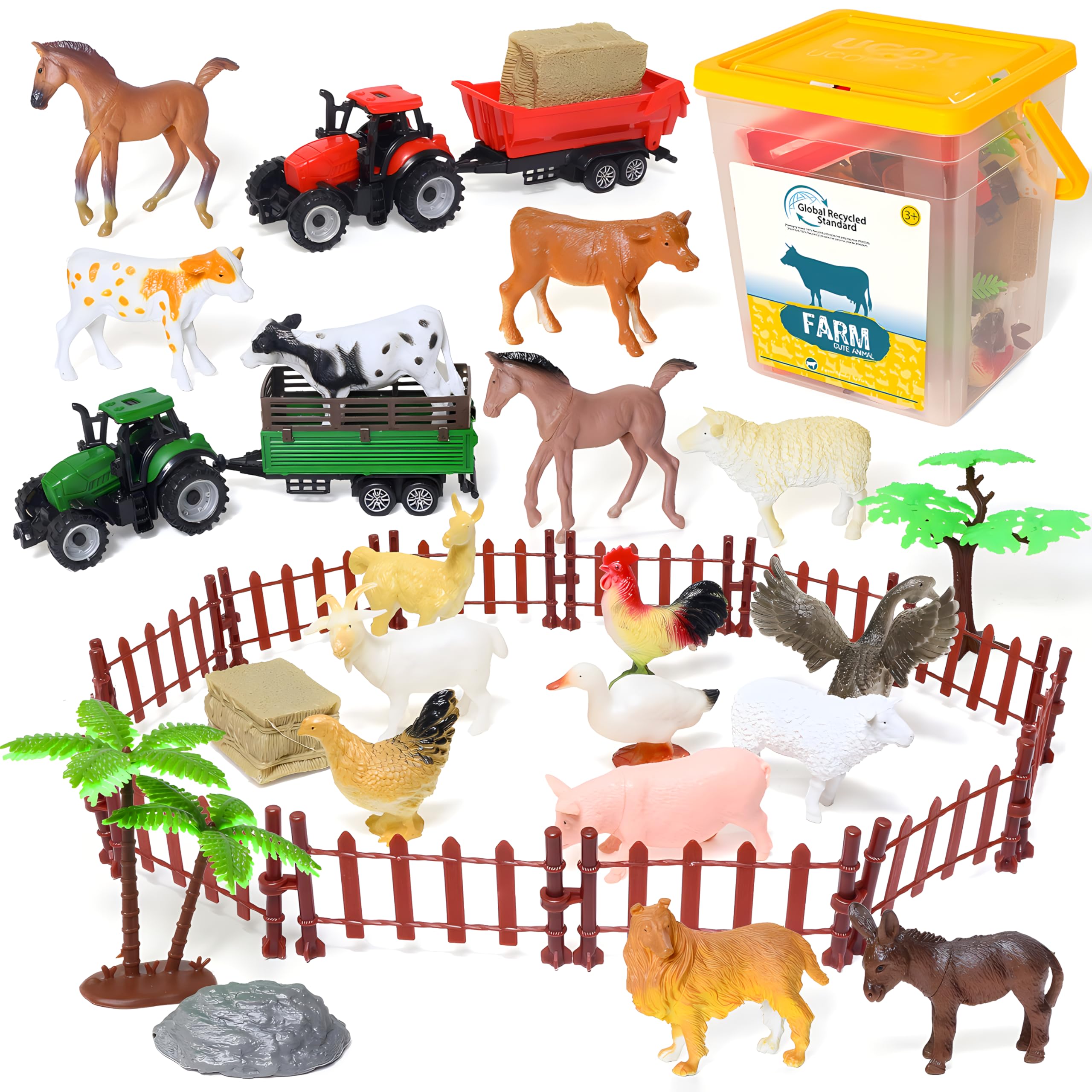 BIWASE Farm Animal Toys Set for Kids Ages 3-5 - GRS Certified Recycled Plastic Farm Figures with Eggs, Trees & Fence - Educational Dinosaur World Playset for Birthday Gifts & Party Favors - Perfect for Preschool Learning, Imaginative Play and Toddler Gift Ideas