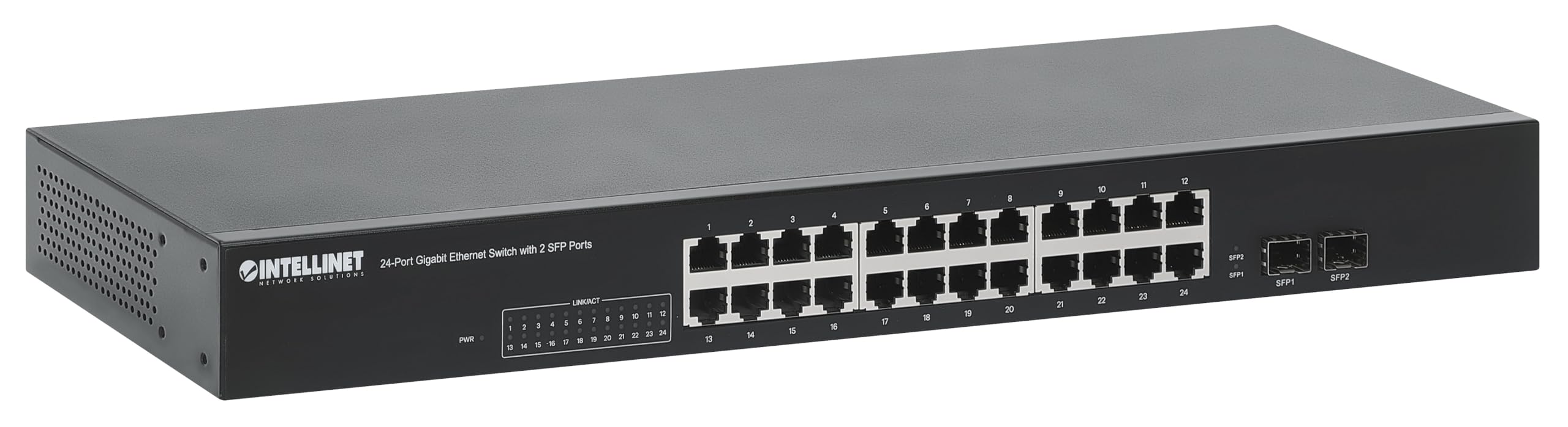 Intellinet 24-Port Gigabit Ethernet Switch with 2 SFP Ports - Unmanaged Network Switch for Home & Office, Rackmount/Desktop, Plug & Play, Fanless Design, Energy Efficient - Ideal for Small Business Networks & Smart Home Setups