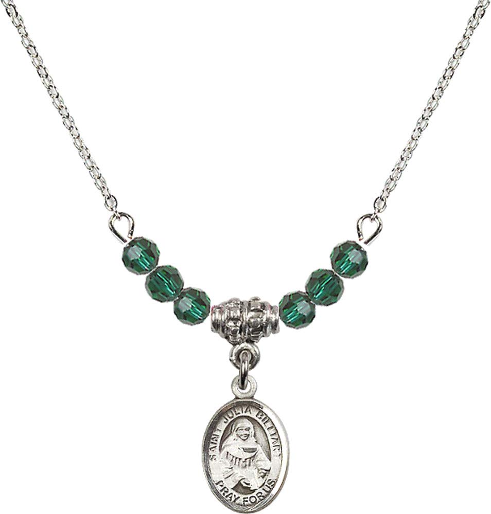 Bonyak 18 Inch Rhodium Plated Necklace with 4mm Green May Birthstone Beads & Saint Julia Billiart Charm - Elegant Jewelry Gift for Women, Birthday, Mother's Day, Baptism & Spiritual Occasions