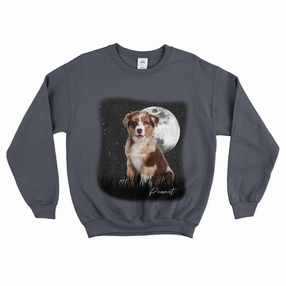 Custom Vintage Full Moon Pet Photo Sweatshirt - Personalized Dog Cat Lover Gift - Cozy Pullover for Family Matching Outfits, Couple Wear & Pet Memorial