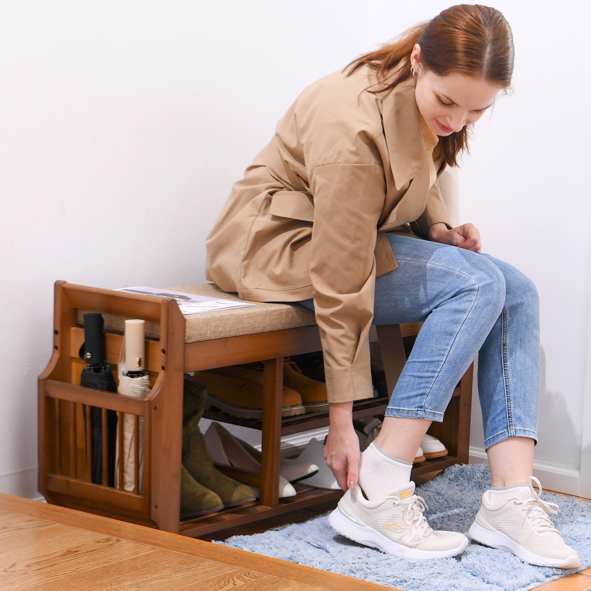 39.4 Inch Bamboo Shoe Bench with Hidden Storage Drawer & Side Holder - 2-Tier Entryway Storage Bench with Cushion for Hallway, Living Room, Bedroom | Perfect for Small Space Organization & Shoe Storage Solutions
