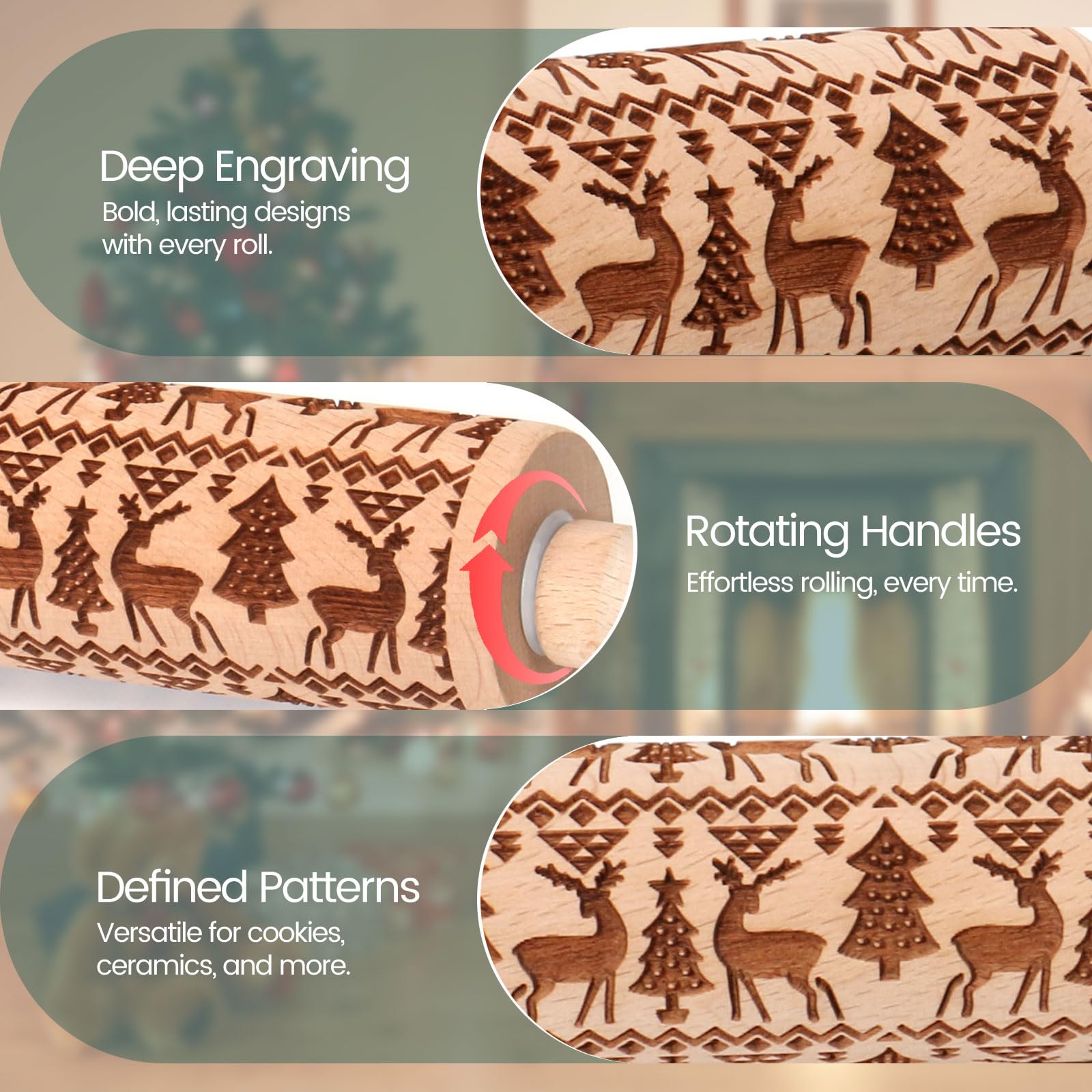 Christmas Embossed Rolling Pin for Baking Cookies - Wooden Engraved Springerle Roller with Reindeer & Tree Design - Perfect for Holiday Cookies, Clay Pottery, and DIY Ceramic Crafts - Great Gift for Bakers and Women