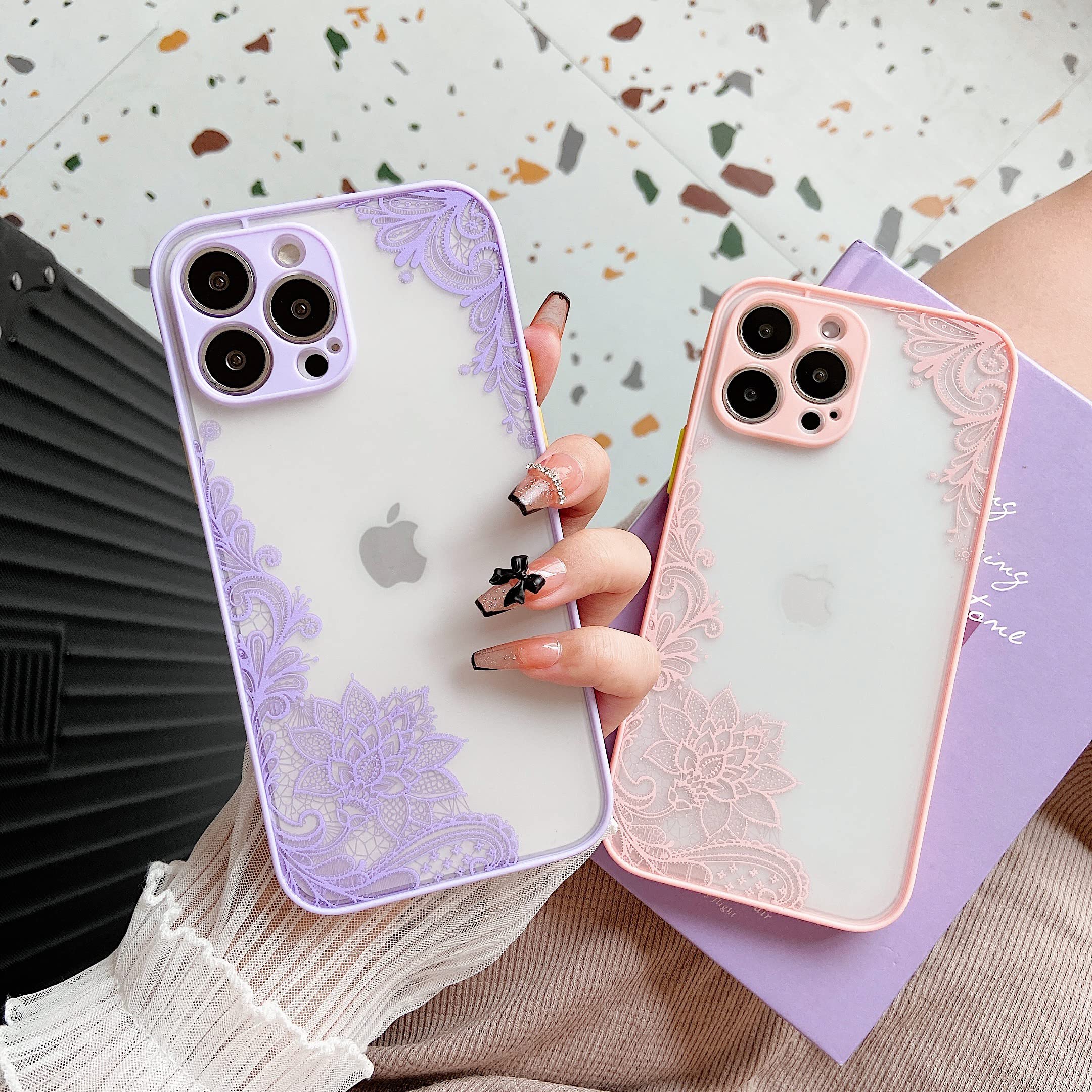Jmltech iPhone 13 Pro Max Case - Clear Frosted Hard Back Slim Thin Cute Silicone Protective Cover with Flower Mandala Design | Camera Protection | Women's Fashion Phone Case | Perfect for Daily Use, Work & Travel