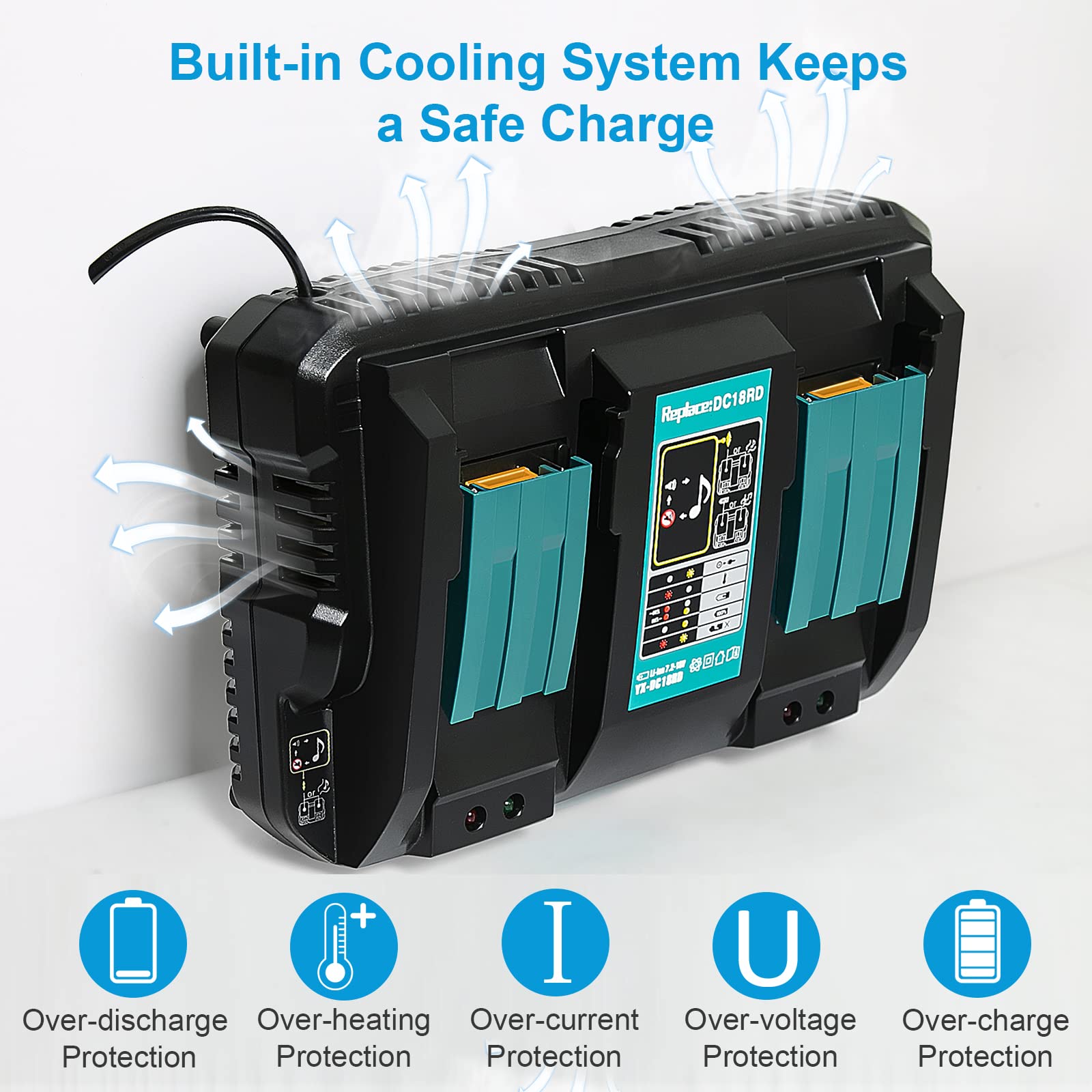 Makita 18V Rapid Battery Charger Replacement - Dual Port Fast Charging Station for Makita 18V Power Tools | Perfect for Job Sites & Home Workshops
