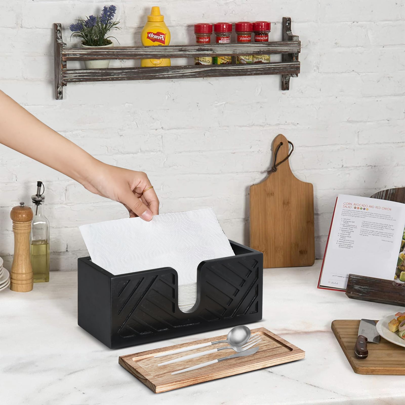 Solid Wood Paper Towel Holder Wall Mounted - Black | Kitchen & Bathroom Organizer for Easy Access & Space Saving