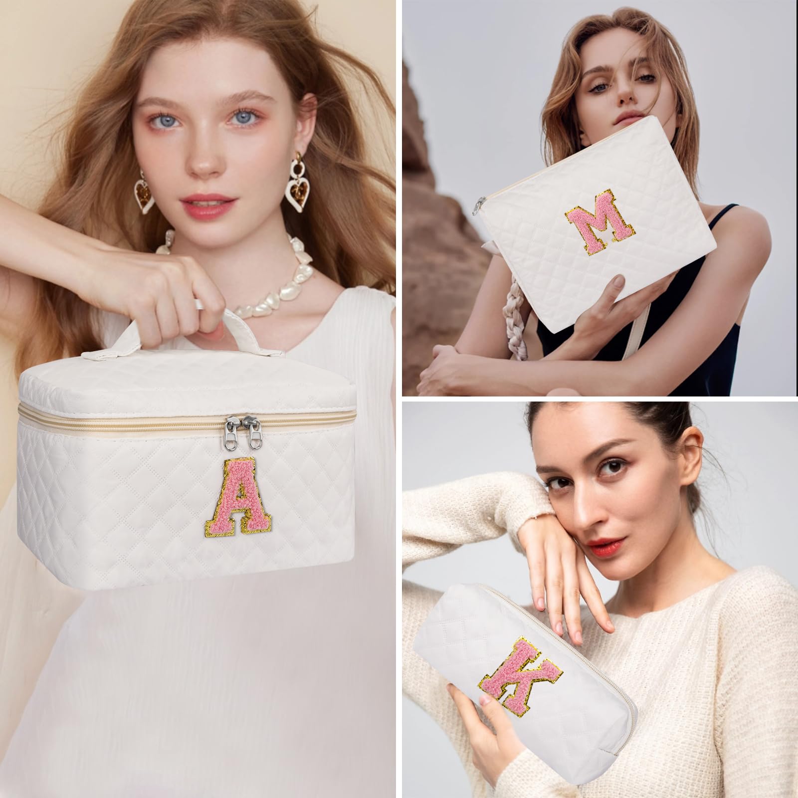 Quilted Makeup Bag for Women - Large Personalized Cosmetic Bag with Initial, Cute Cotton Travel Toiletry Organizer | Perfect Gift for Girlfriend, Wife, Sister, Teen Girls | Great for Travel, Gym, and Daily Makeup Storage