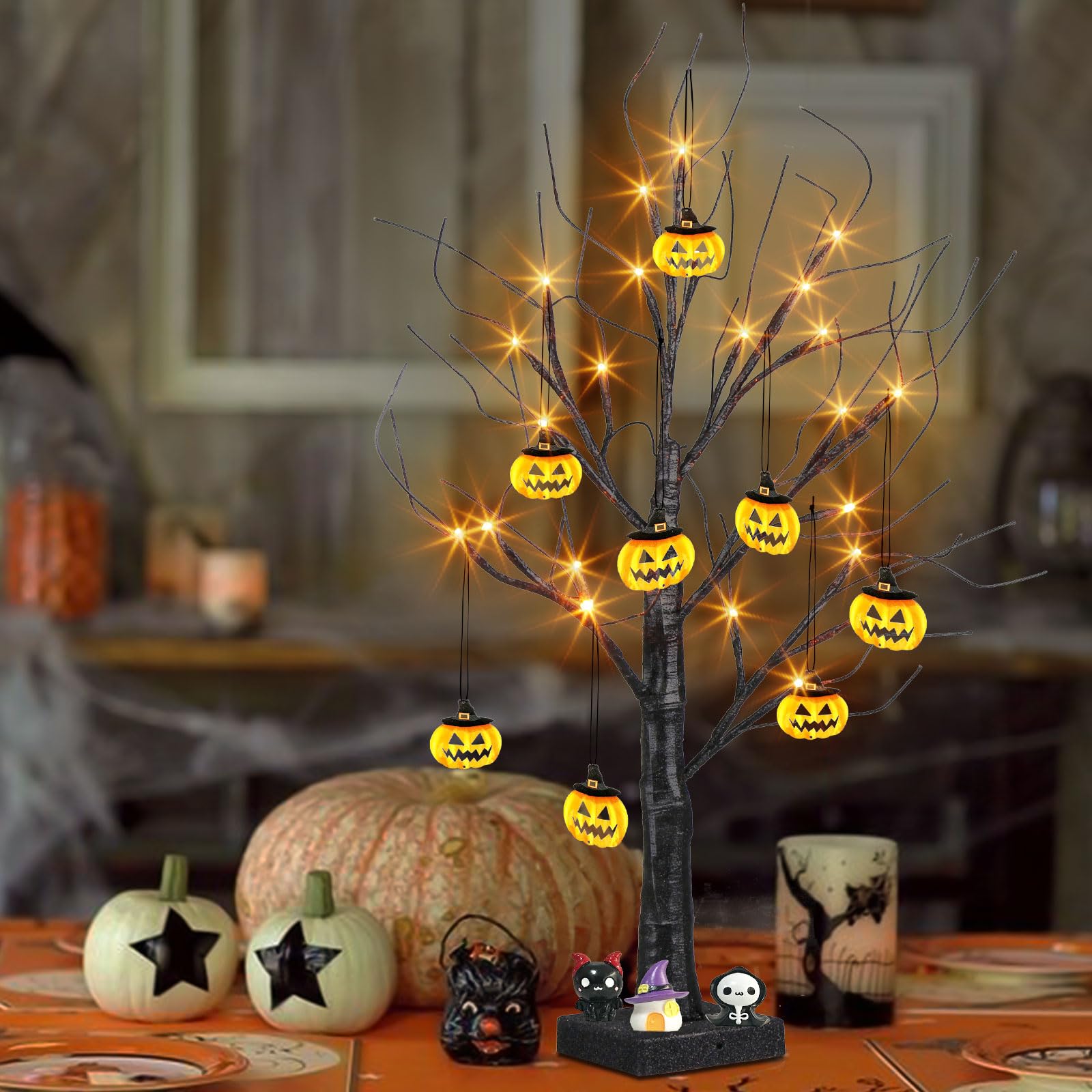 PEIDUO 2FT Halloween Tree with 24 Orange LED Lights & 8 Pumpkin Ornaments - Battery Powered Black Halloween Decor with Timer - Perfect for Indoor Home, Desk, Table, and Party Decorations