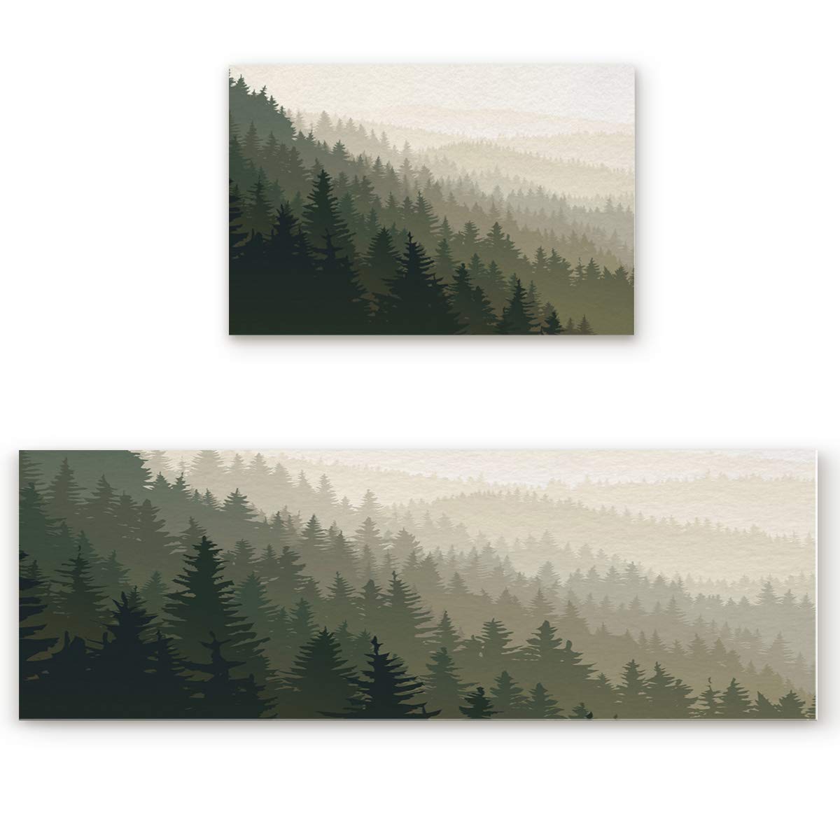 2-Piece Non-Slip Absorbent Doormat Set - Watercolor Pine Forest Design for Kitchen, Bathroom & Entryway | Durable Floor Mats for High-Traffic Areas & Wet Surfaces