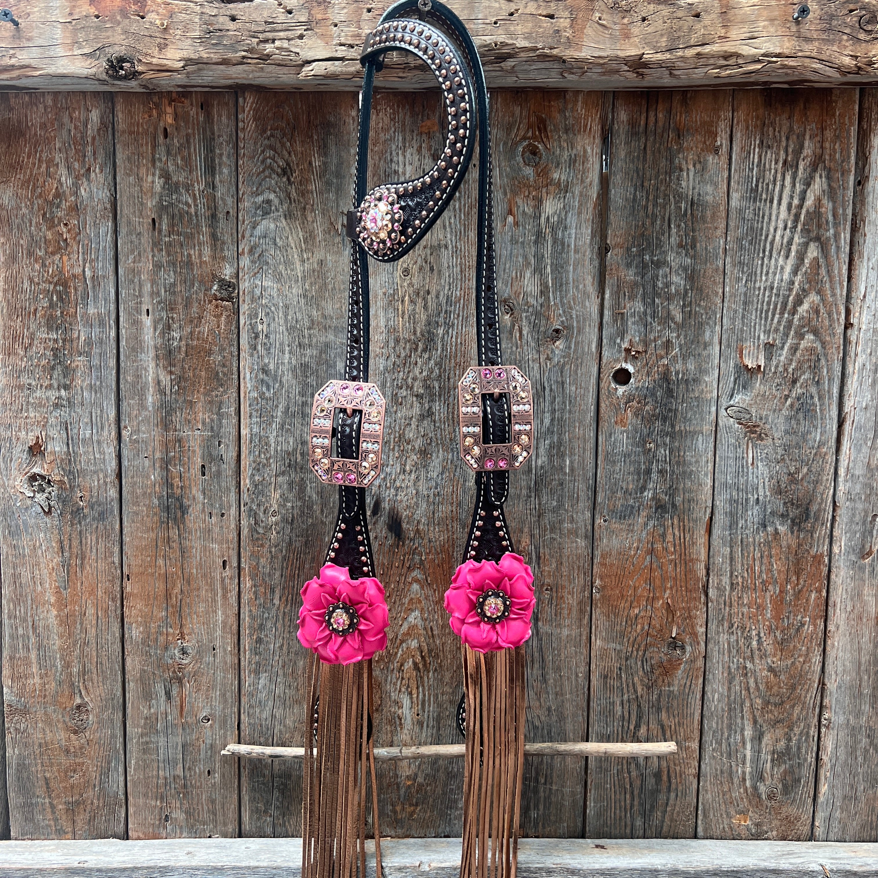 Premium Dark Oil Honeycomb Copper Dot Browband & Breastcollar Tack Set - Elegant Copper Pink & Champagne Equestrian Gear for Dressage & Show Jumping | BBBC614