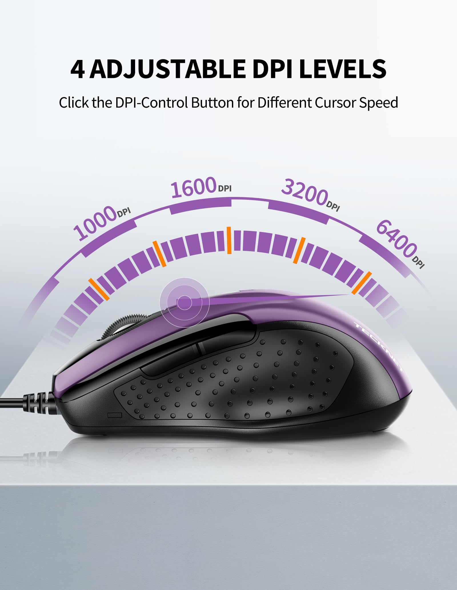 TECKNET USB Wired Mouse - 6-Button Ergonomic Optical Mouse with 4 Adjustable DPI (1600/2400/3200/4800) & 5FT Cord - Perfect for Laptop, Chromebook, PC, Desktop, Mac (Purple) | Ideal for Office Work, Gaming & Home Use