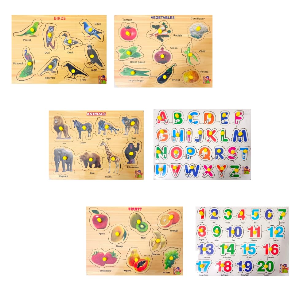 Educational Wooden Puzzle Learning Boards for Kids 3+ & Adults - Alphabet, Numbers, Animals, Fruits & Vegetables Jigsaw Toy Set - Perfect for Early Childhood Development, Homeschooling & Family Game Night