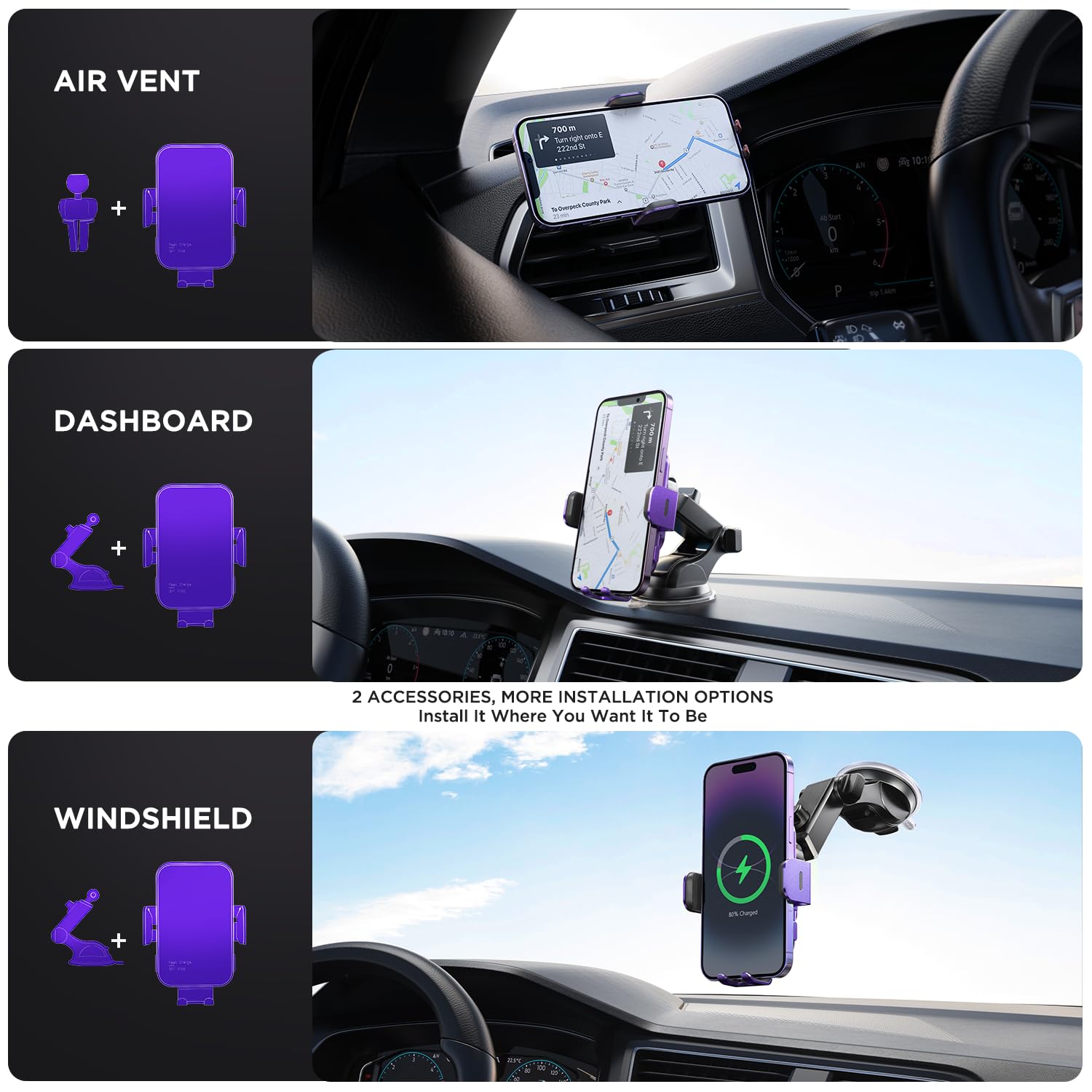 15W Fast Wireless Car Charger with Auto Clamping & 7-Color LED Backlit - Compatible with iPhone 14/13/12/11/X, Samsung Galaxy S23/S22/S21/S10/Note 20 (Purple) | Perfect for Hands-Free Charging While Driving