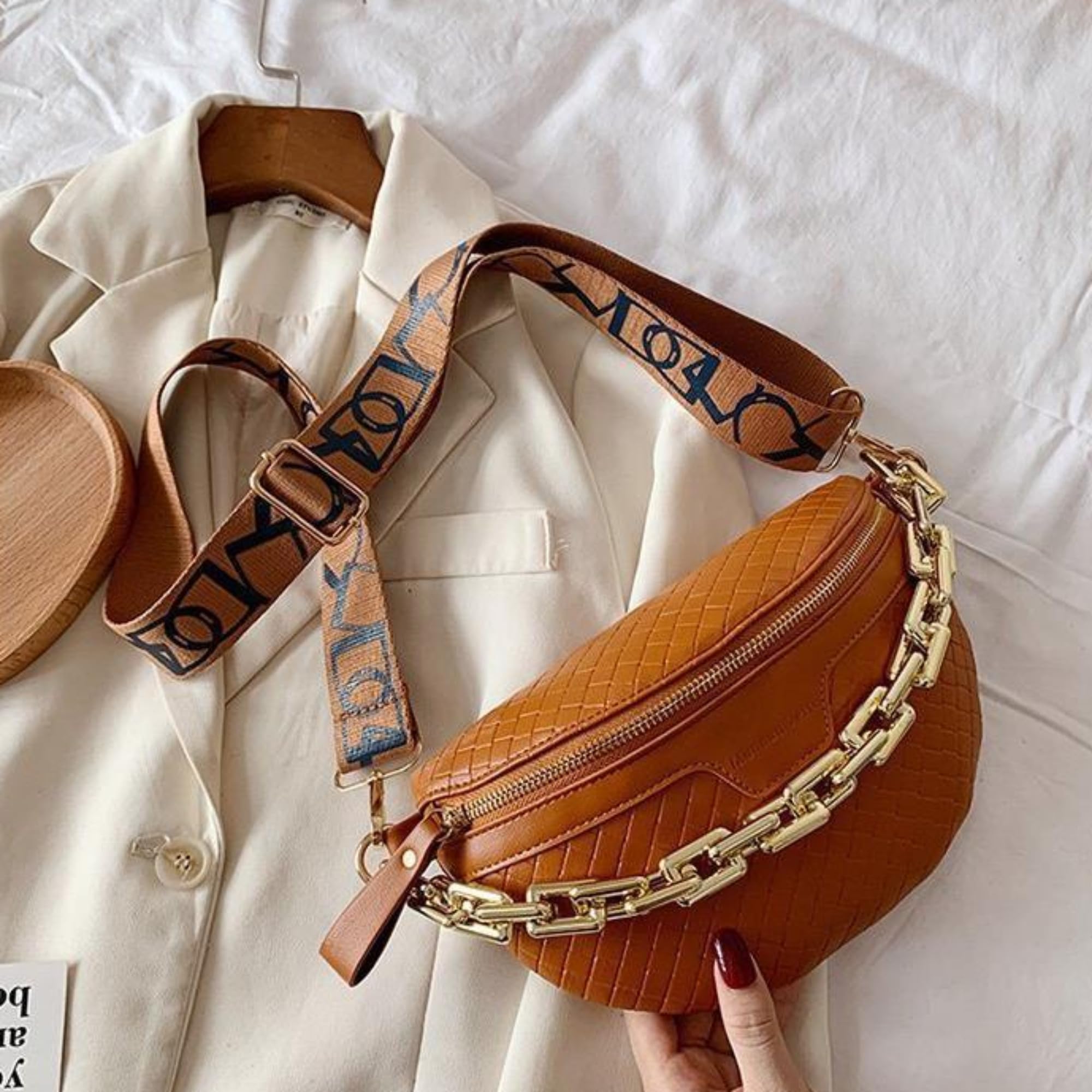 Stylish Plaid Leather Fanny Pack for Women - Thick Chain Crossbody Waist Bag, Luxury Designer Shoulder Chest Bag (Brown) | Perfect for Travel, Concerts & Everyday Use