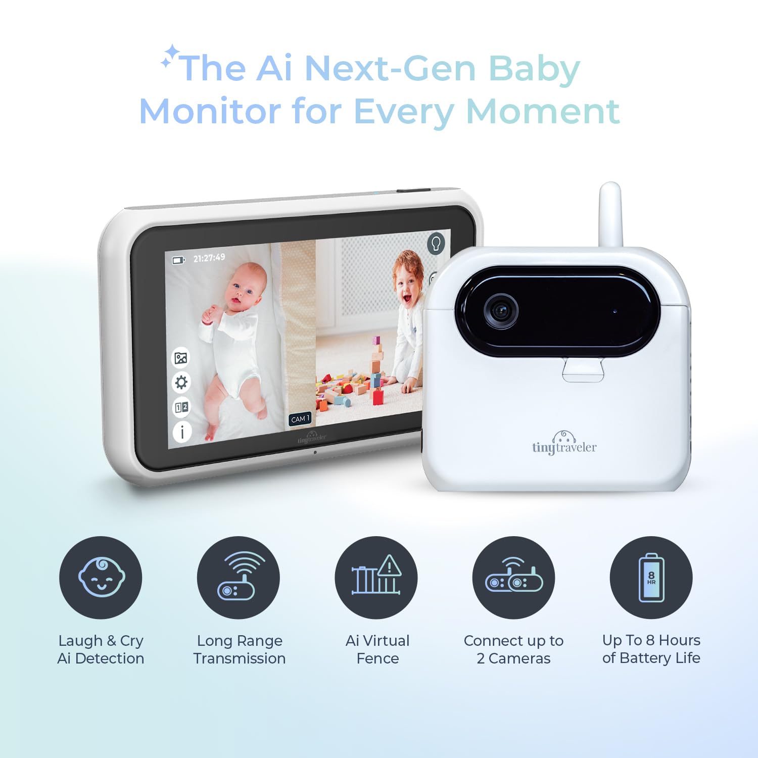 Tiny Traveler AI Smart Wireless Baby Car Monitor with Cry/Laugh/Stand Detection - 1000ft Long Range, Night Vision, Virtual Fence & Lullabies Night Light for Safe Baby Monitoring | Perfect for Road Trips, Daily Commutes & Overnight Travel