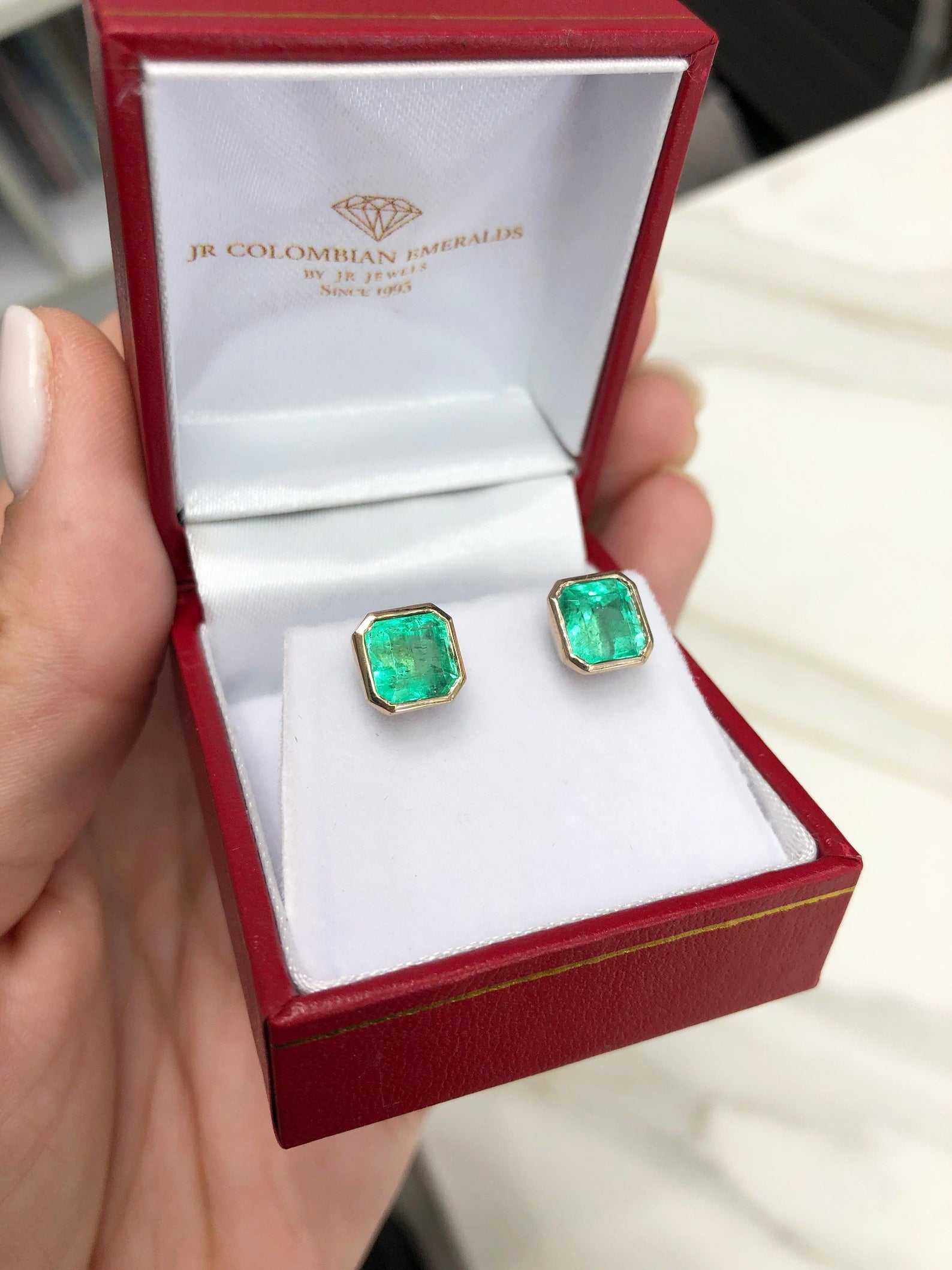 18K Gold Bezel Set Asscher Cut Colombian Emerald Earrings 5.0tcw - Luxury Statement Jewelry for Weddings & Special Occasions
