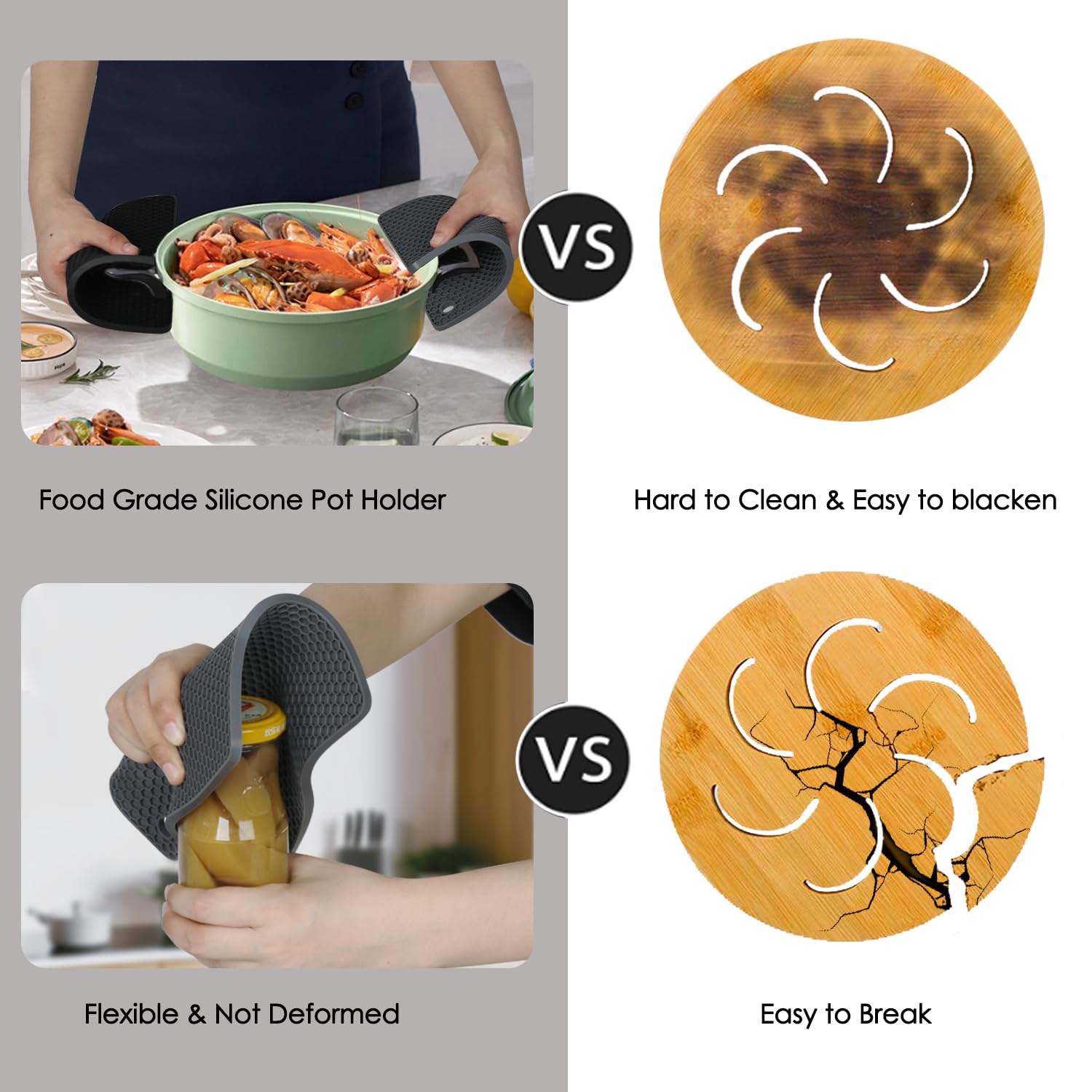 **4-Pack Silicone Trivet Mats - Heat Resistant Pot Holders for Hot Pans & Pots - Countertop Protectors for Tables, Kitchen Countertops, Spoon Rests & Large Coasters (2 Square + 2 Round Mats, Black & Gray) - Perfect for Cooking, Baking & Serving**