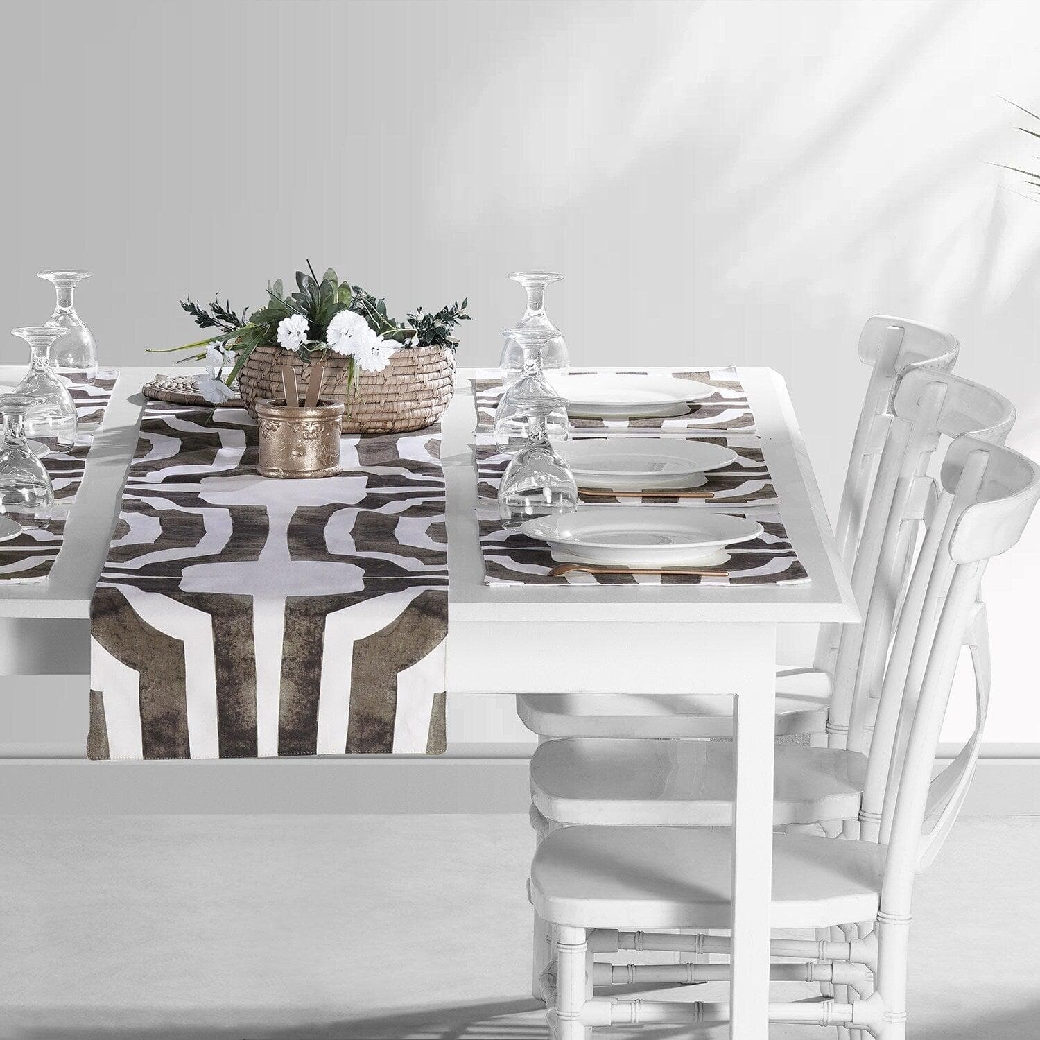 Mecca Brown Geometric Printed Cotton Table Runner & Placemats Set - Elegant Dining Table Decor for Thanksgiving, Christmas, and Dinner Parties