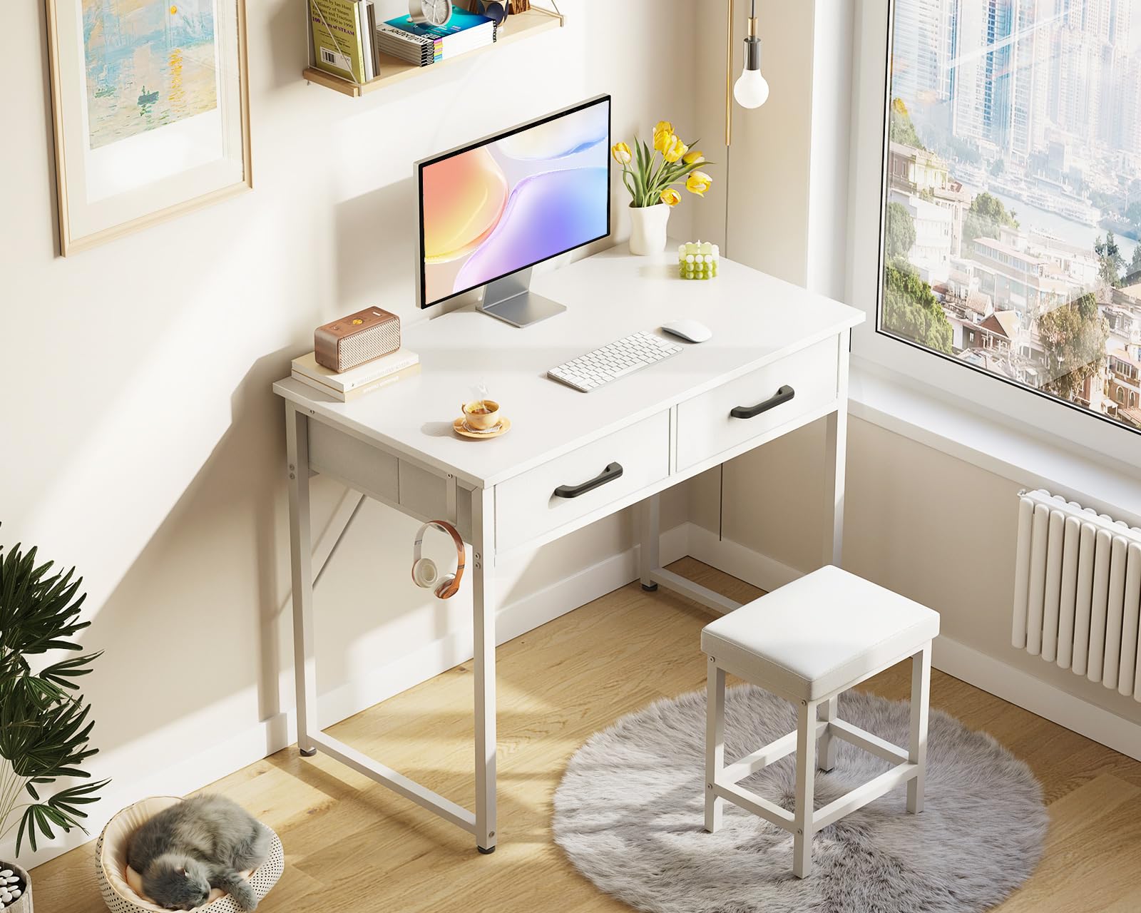 AODK 32 Inch Small Vanity Desk with Stool - No Mirror Makeup Table with 2 Fabric Drawers & Steel Hook, White Vanity Table for Girls Bedroom | Perfect for Makeup Organization, Small Space Dressing Area & Bedroom Decor