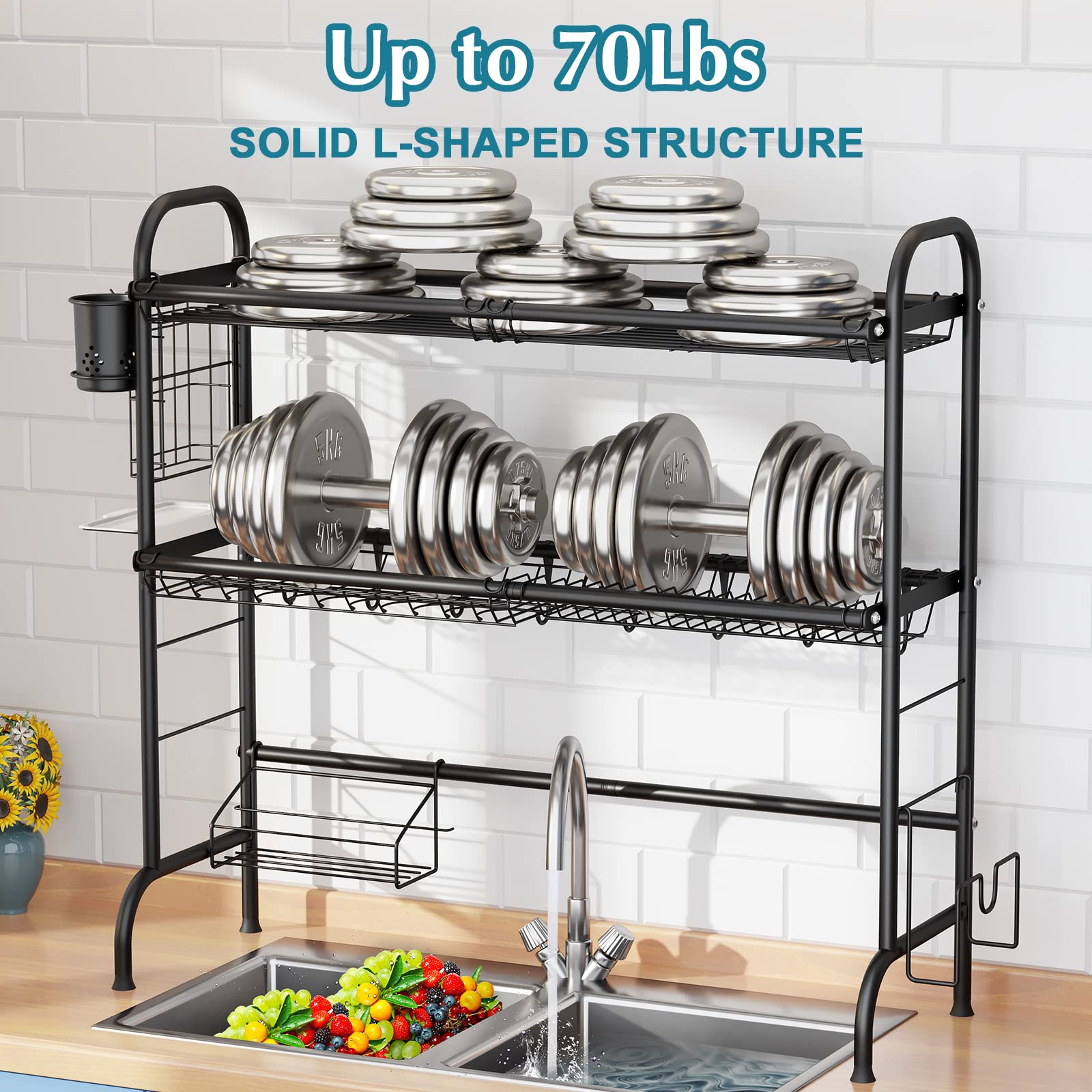 HOWDIA 3-Tier Stainless Steel Over The Sink Dish Drying Rack with Utensil Holder | Large Kitchen Counter Dish Drainer for Plates, Cups & Cookware | Space-Saving Solution for Small Kitchens & Apartments