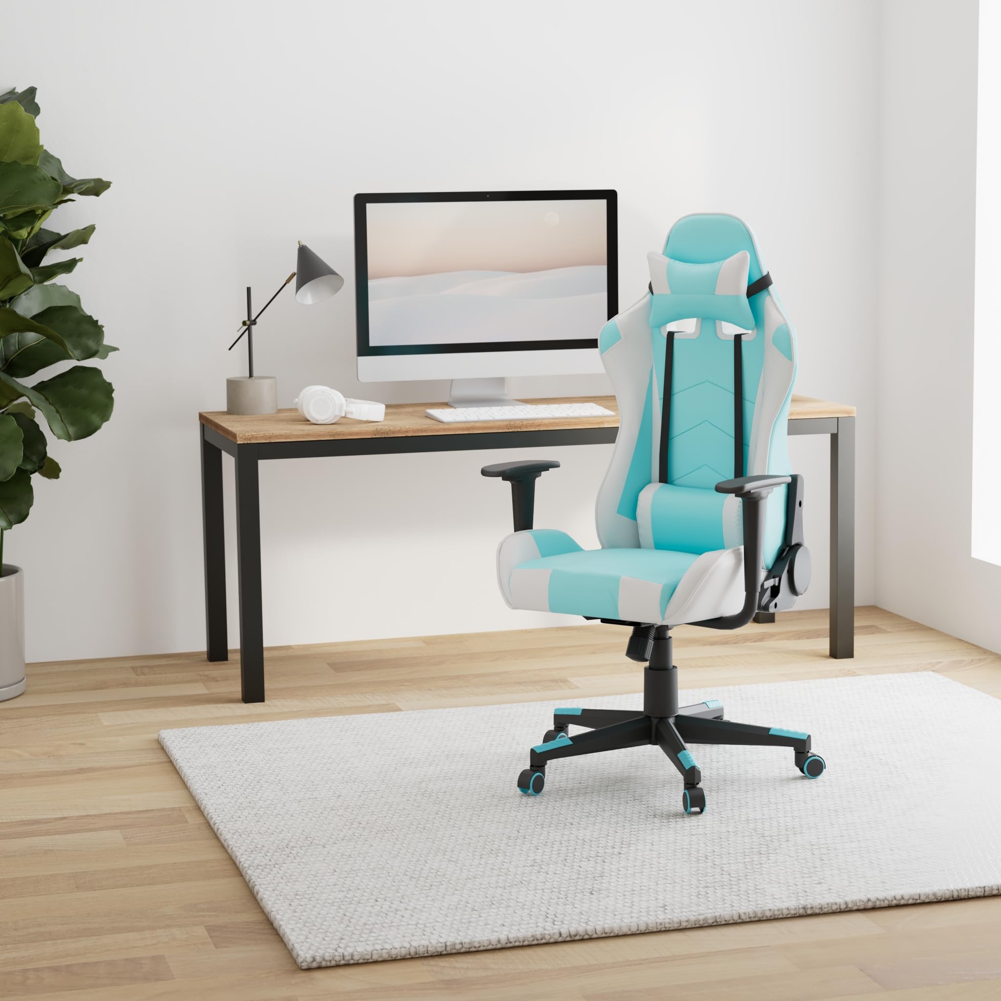 Modern-Depo Ergonomic High-Back Swivel Gaming Chair with Lumbar Support & Headrest - Adjustable Height Office Desk Chair for PC Gaming & Work (Blue & White) - Perfect for Home Office, Gaming Setup & Workstation Comfort