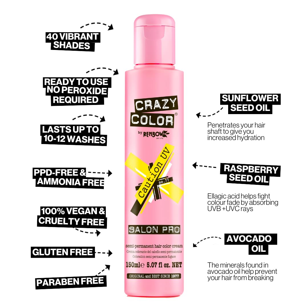 Crazy Color Salon Pro Semi-Permanent Hair Dye - Vibrant 77 Caution Shade for Women (5.07 oz) | Long-Lasting Fashion Hair Color for Parties, Cosplay & Creative Styling