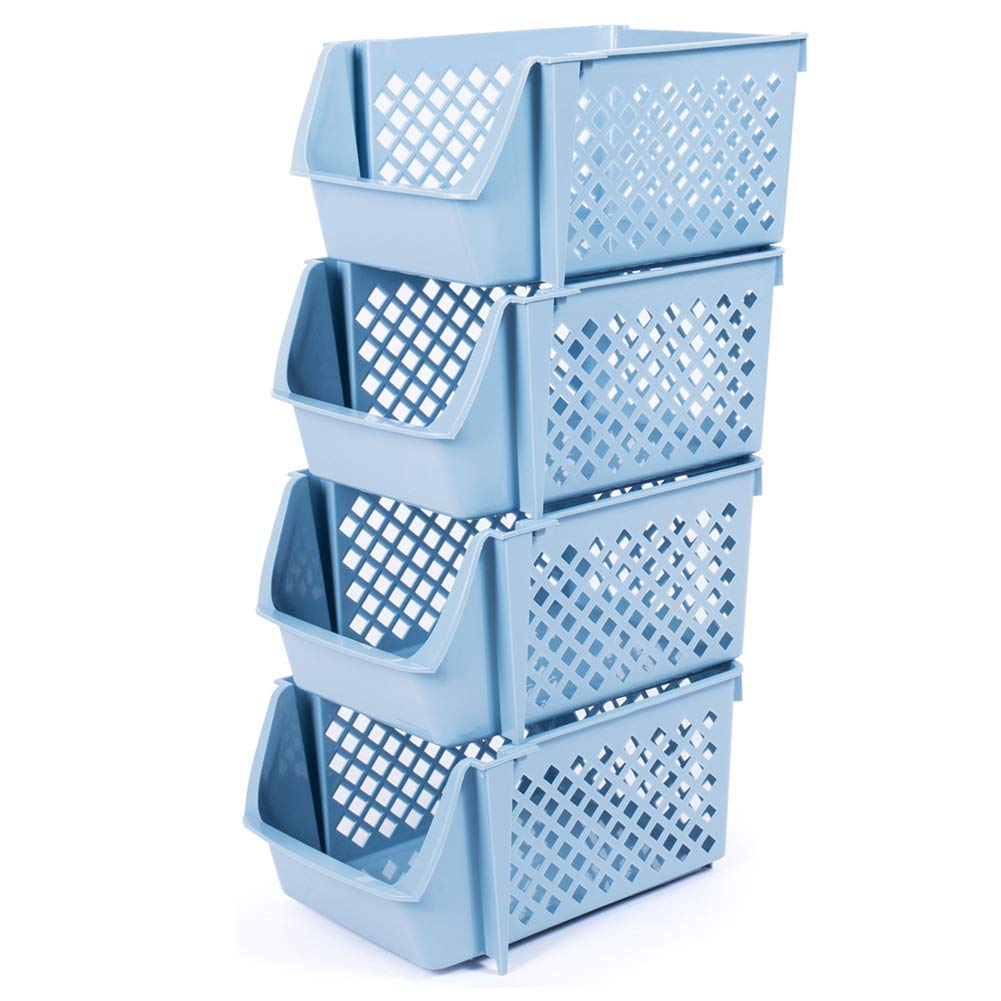 4-Piece Stackable Plastic Storage Baskets - Organizer Bin for Food, Snacks, Toys & Toiletries - Space-Saving Home & Kitchen Organization Solution (Blue) - Perfect for Pantry, Bathroom, Kids Room & Office Use
