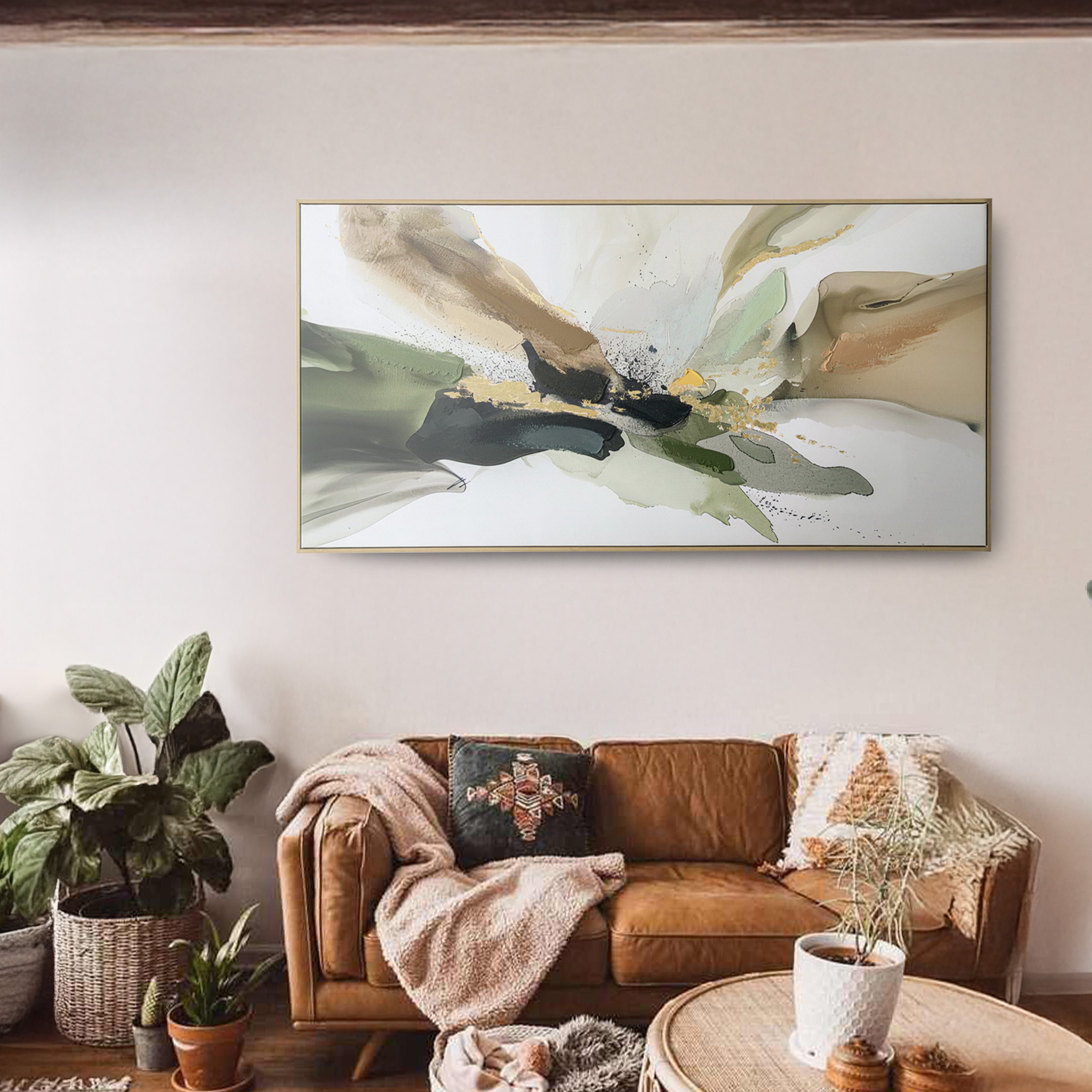 Urban Style Abstract Green Brushmarks Embellished Canvas Wall Art - Perfect for Living Room, Bedroom & Office Decor