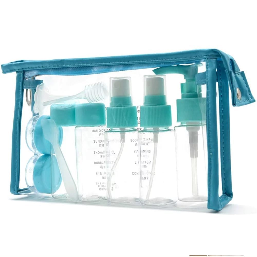 Transparent Refillable Spray Bottles for Toiletries, Cosmetics, Shampoo & Perfume - Fine Mist Empty Reusable Travel Bottle Set with Pouch (Blue) | Perfect for Travel, Gym & Home Organization