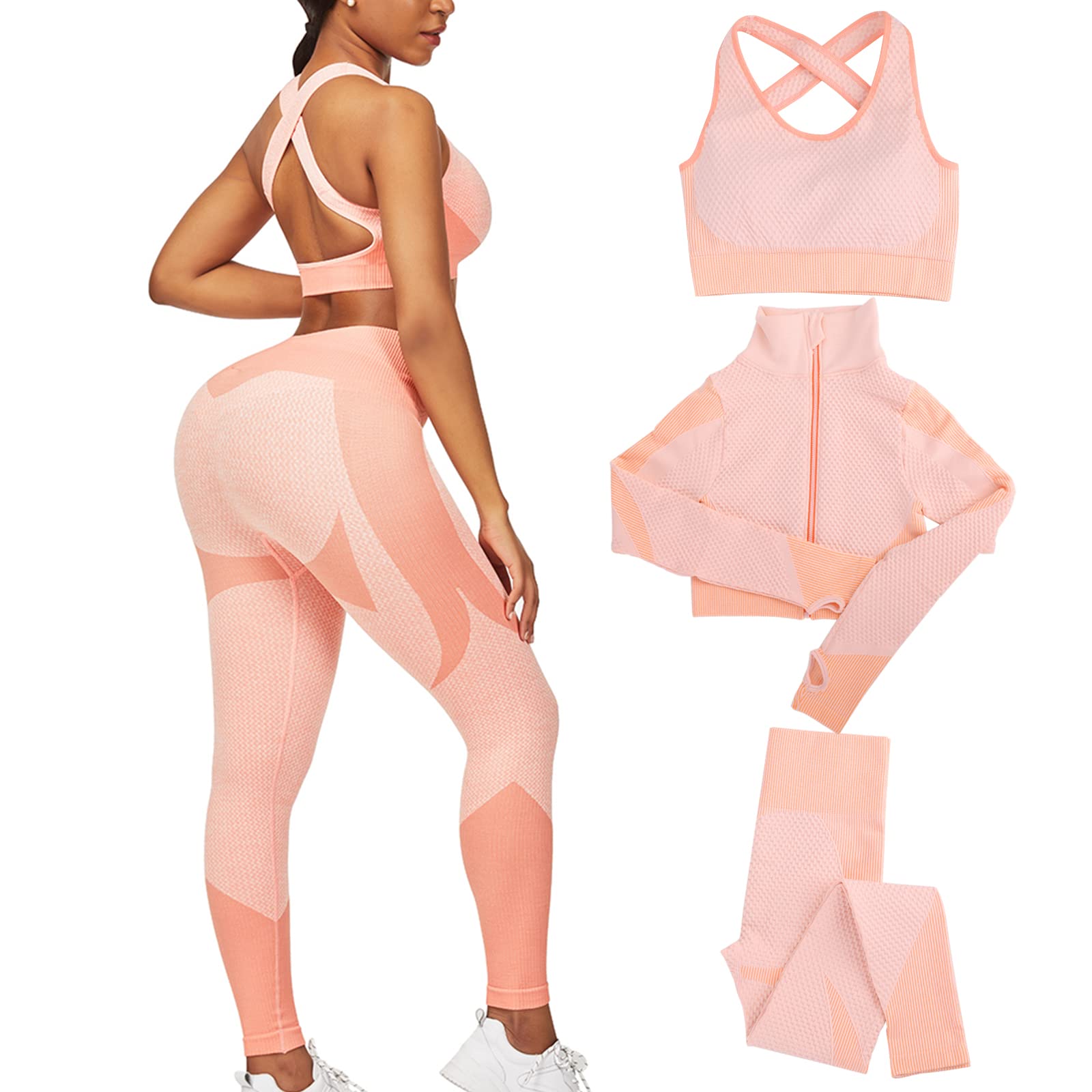 FeelinGirl Women's 3-Piece Seamless Workout Set - High Waist Textured Leggings & Crop Top Gym Outfit for Yoga, Running & Fitness Training