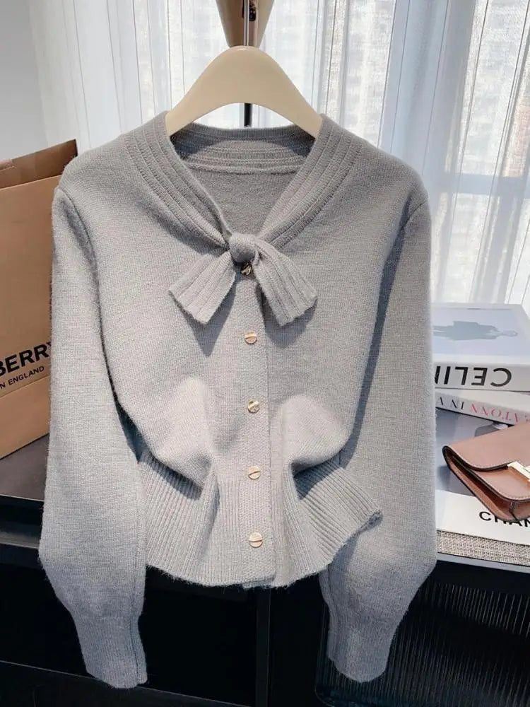 Elegant V-Neck Bow Single-Breasted Women's Knit Sweater - Slim Fit Long Sleeve French Chic Top for Autumn Winter 2024 | Office Wear, Date Night, Casual Outfits