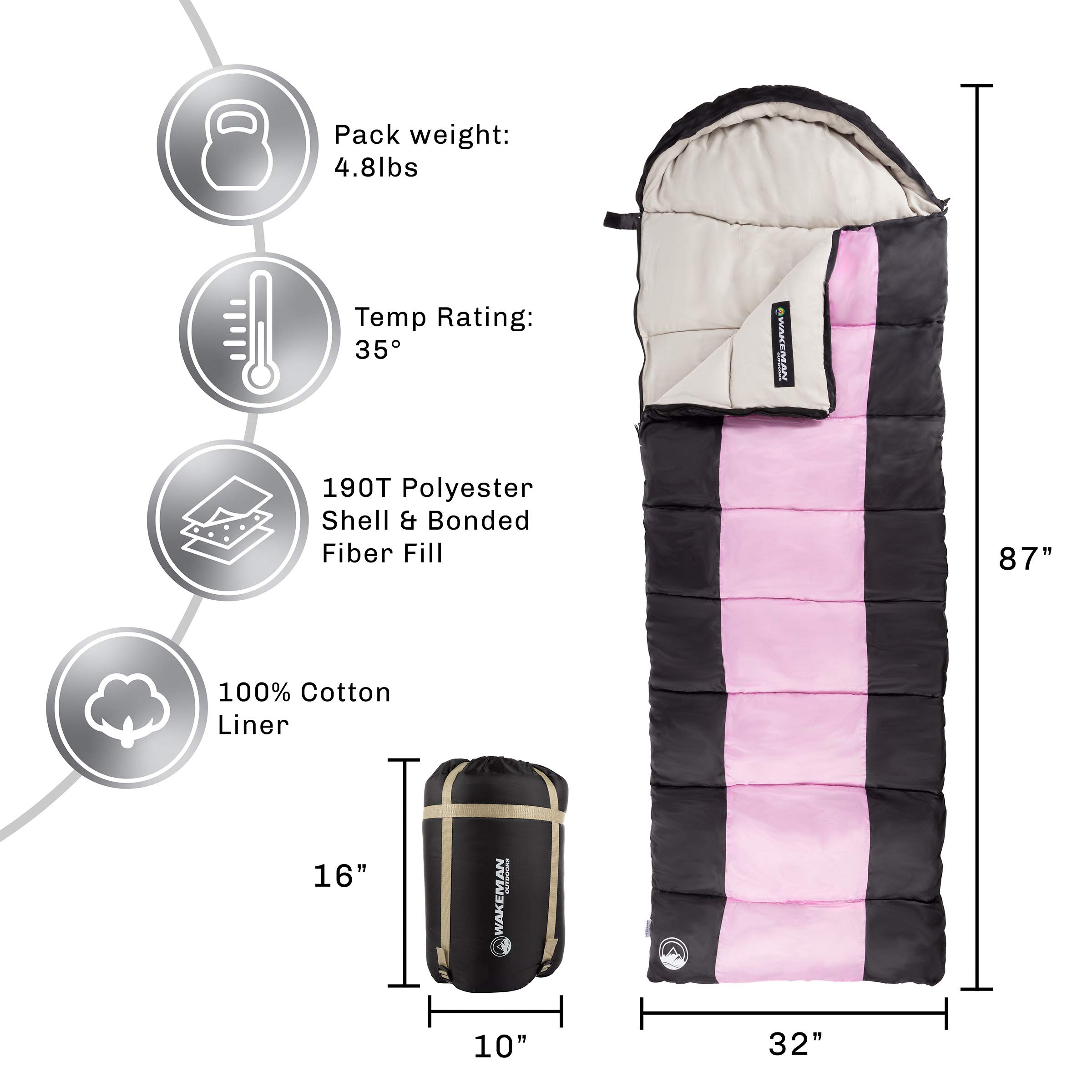 35F Rated 3 Season Sleeping Bag with Hood - Lightweight Envelope Style for Camping, Backpacking & Hiking - Includes Carry Bag by Wakeman Outdoors (Pink/Black) - Perfect for Outdoor Adventures, Travel & Emergency Preparedness