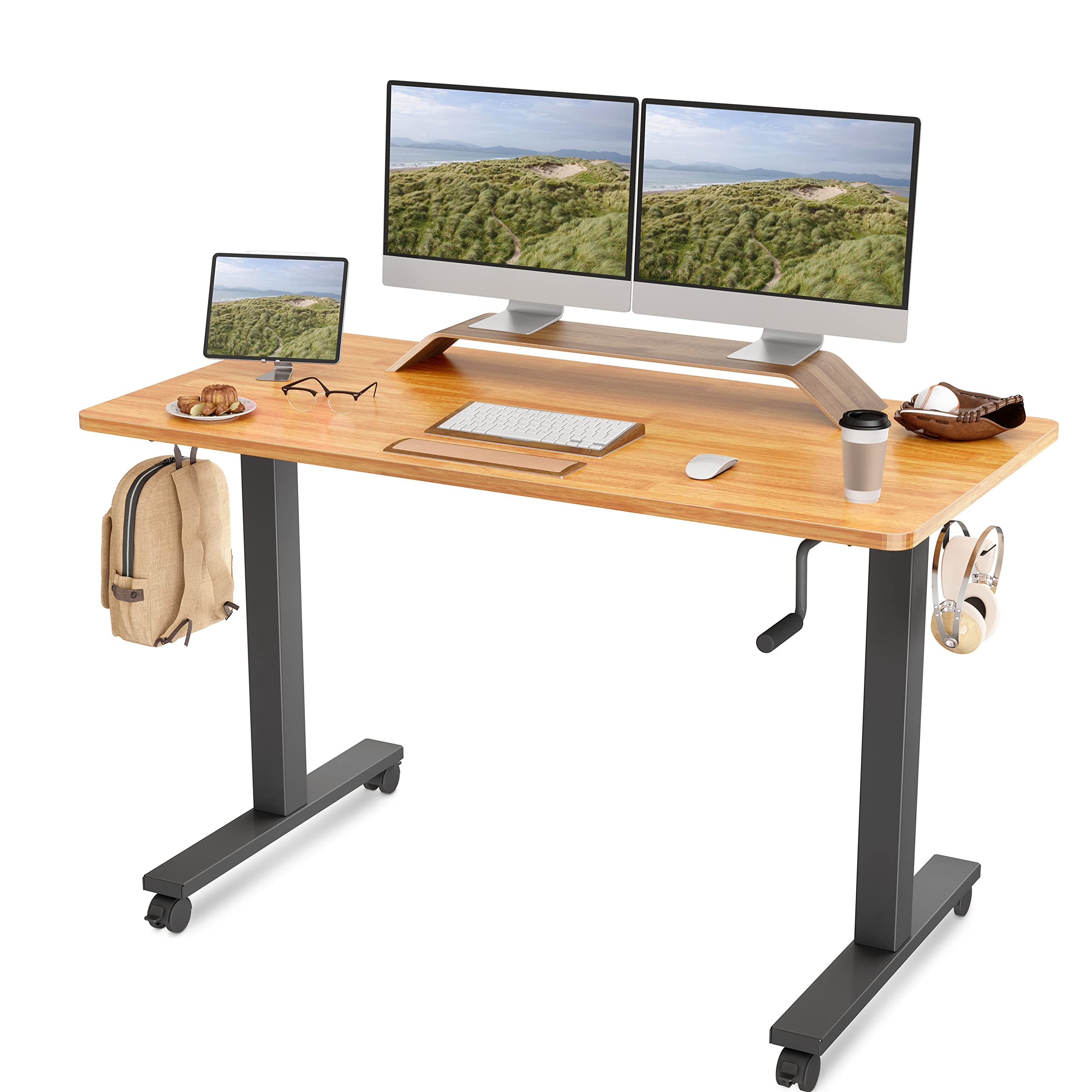 FEZIBO 55 x 24 Inches Manual Adjustable Height Standing Desk - Crank Handle Sit Stand Workstation with Durable Rubberwood Top & Black Frame for Home Office, Gaming, and Study Workspace